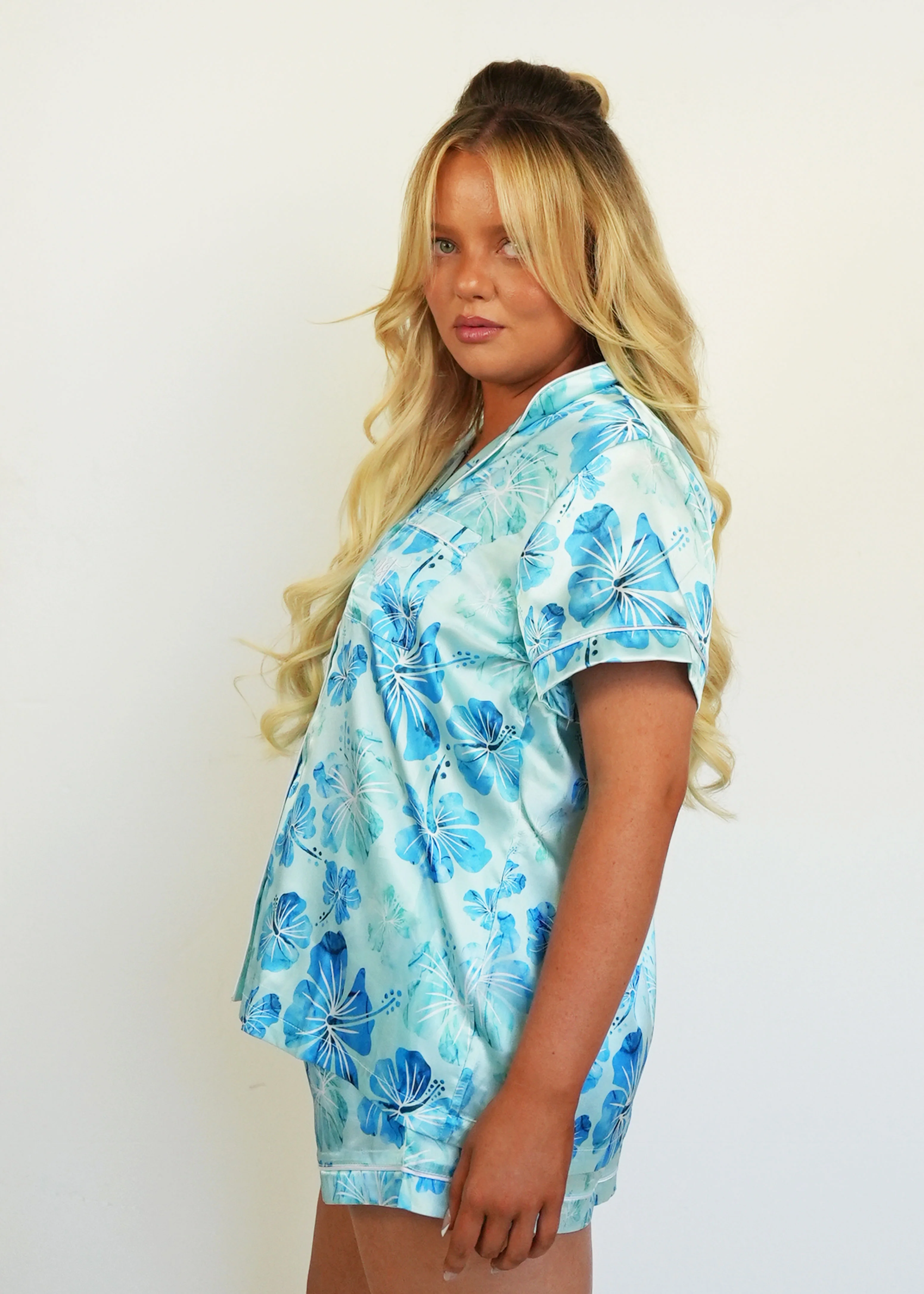 Aqua Hibiscus Short Satin Pajama Set - Image 3