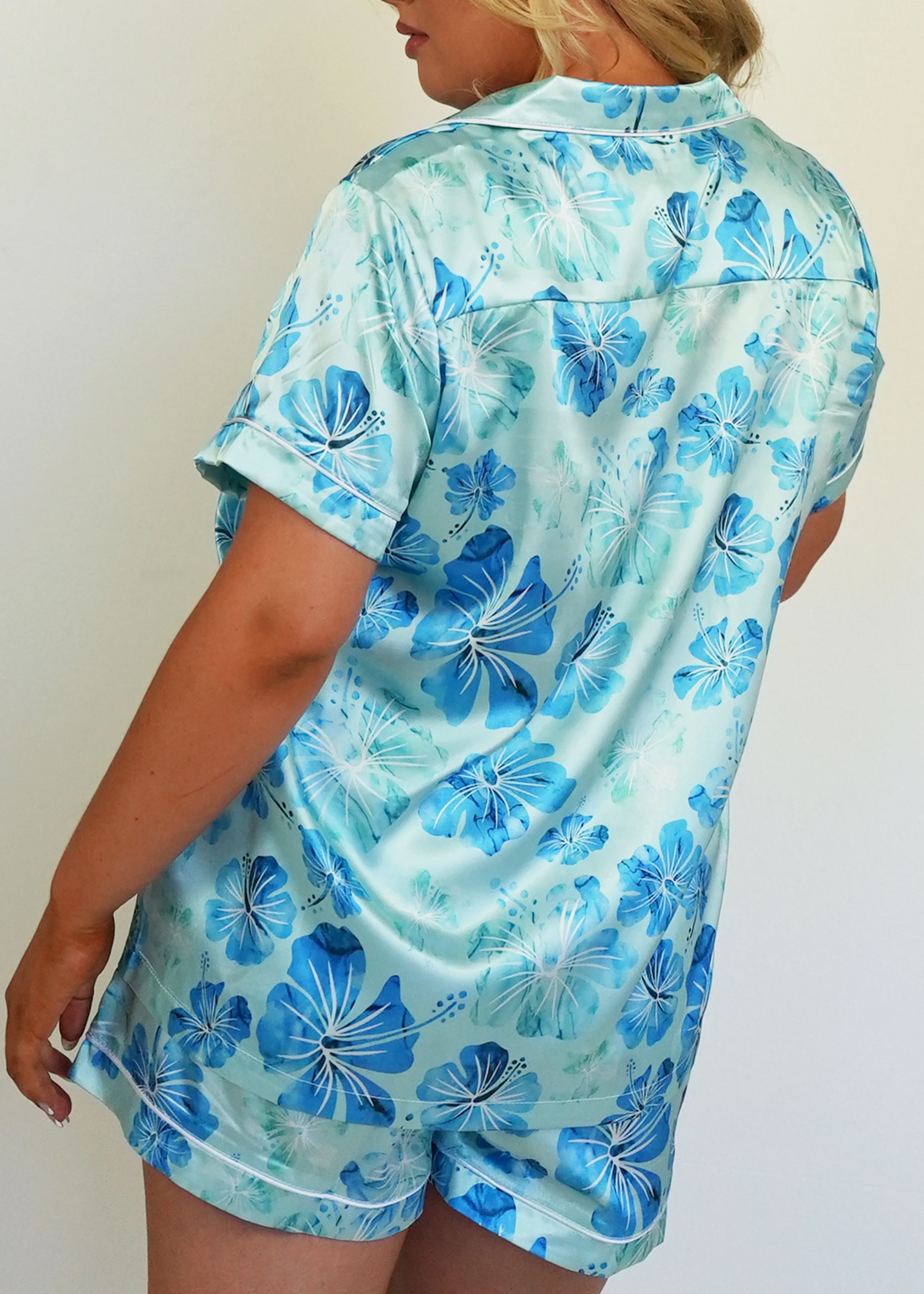 Aqua Hibiscus Short Satin Pajama Set - Image 4