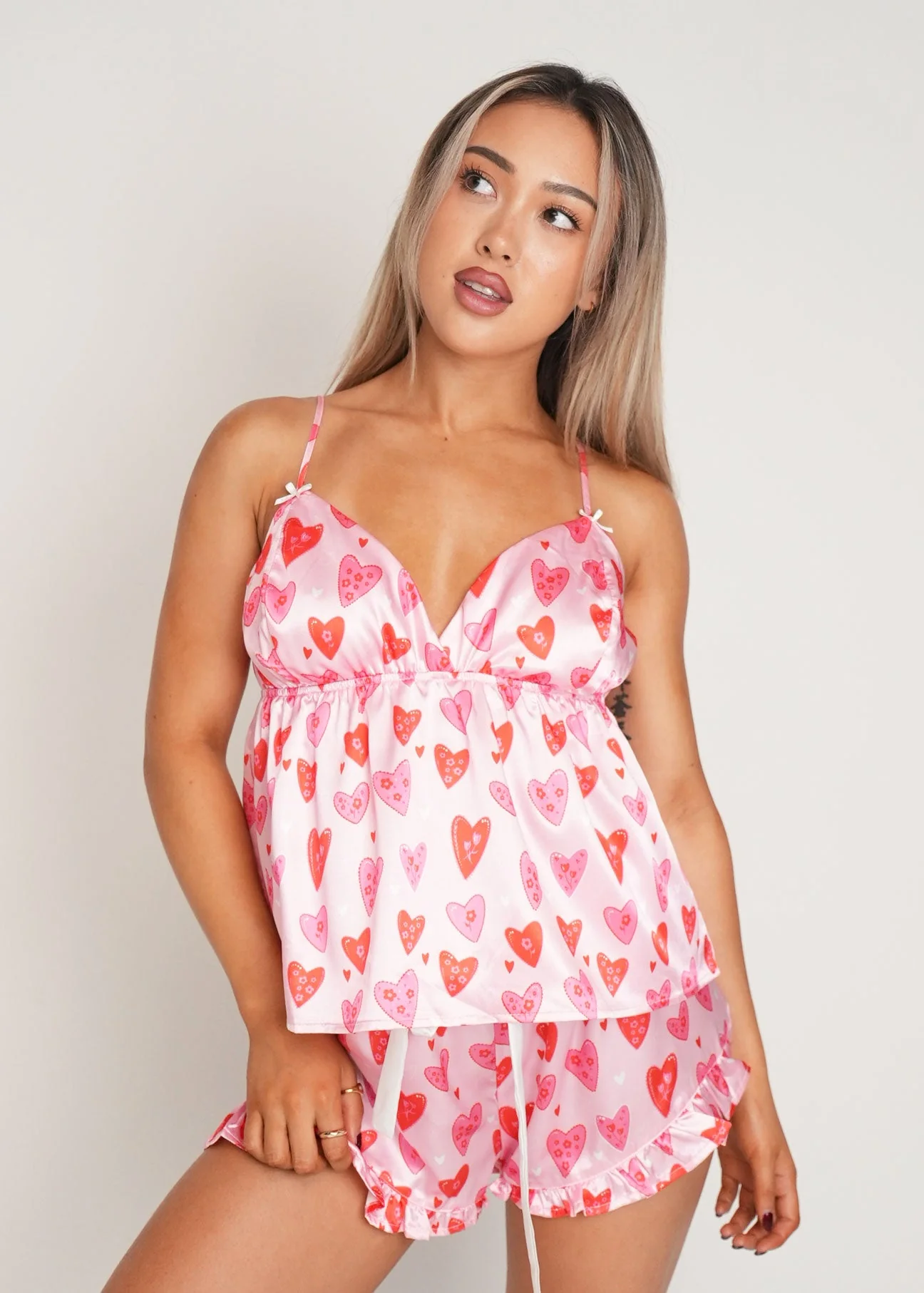 Candy Hearts Satin Camisole Short Pajama Set