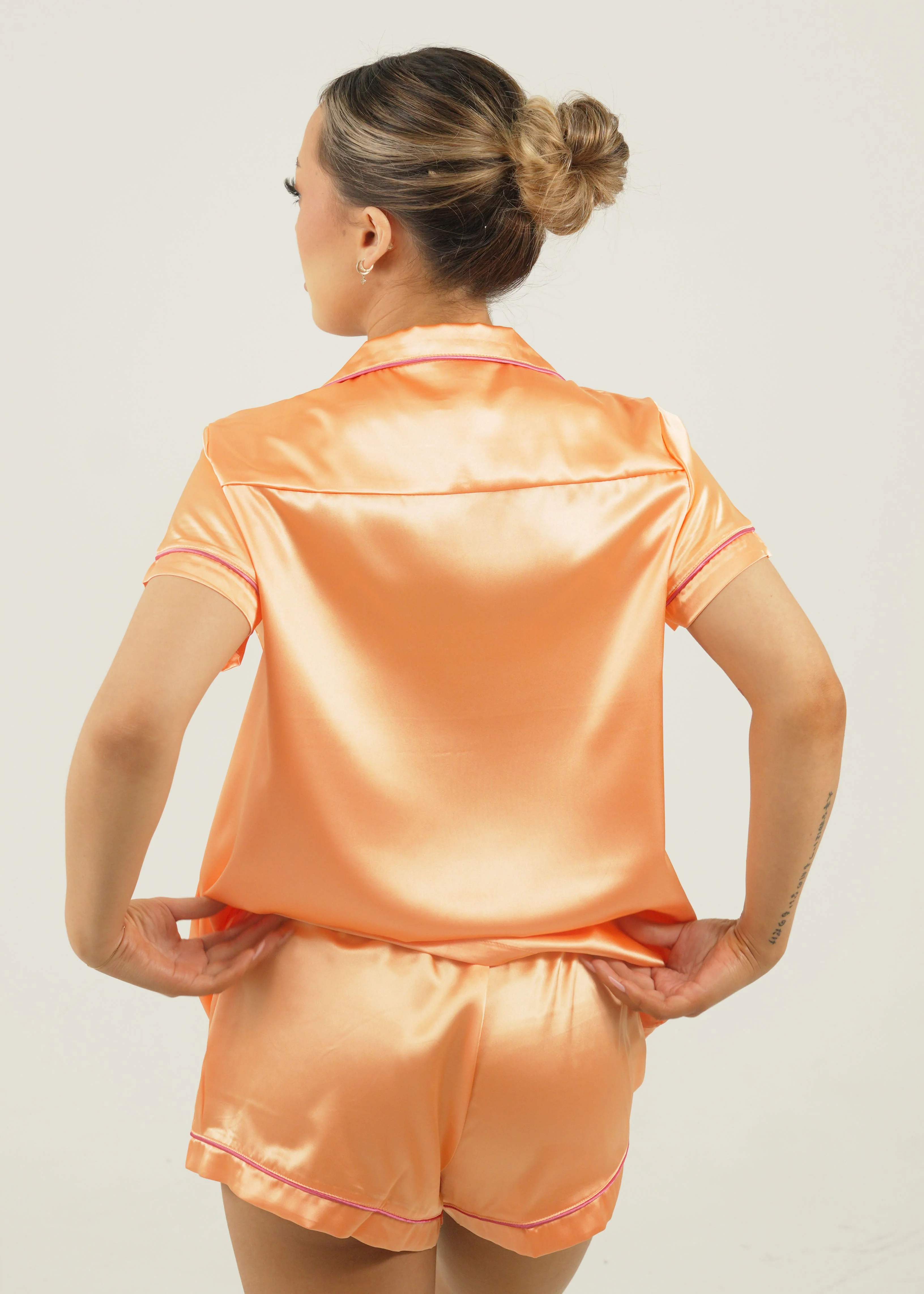 Womens Candy Orange Satin Short Pajama Set - Image 2