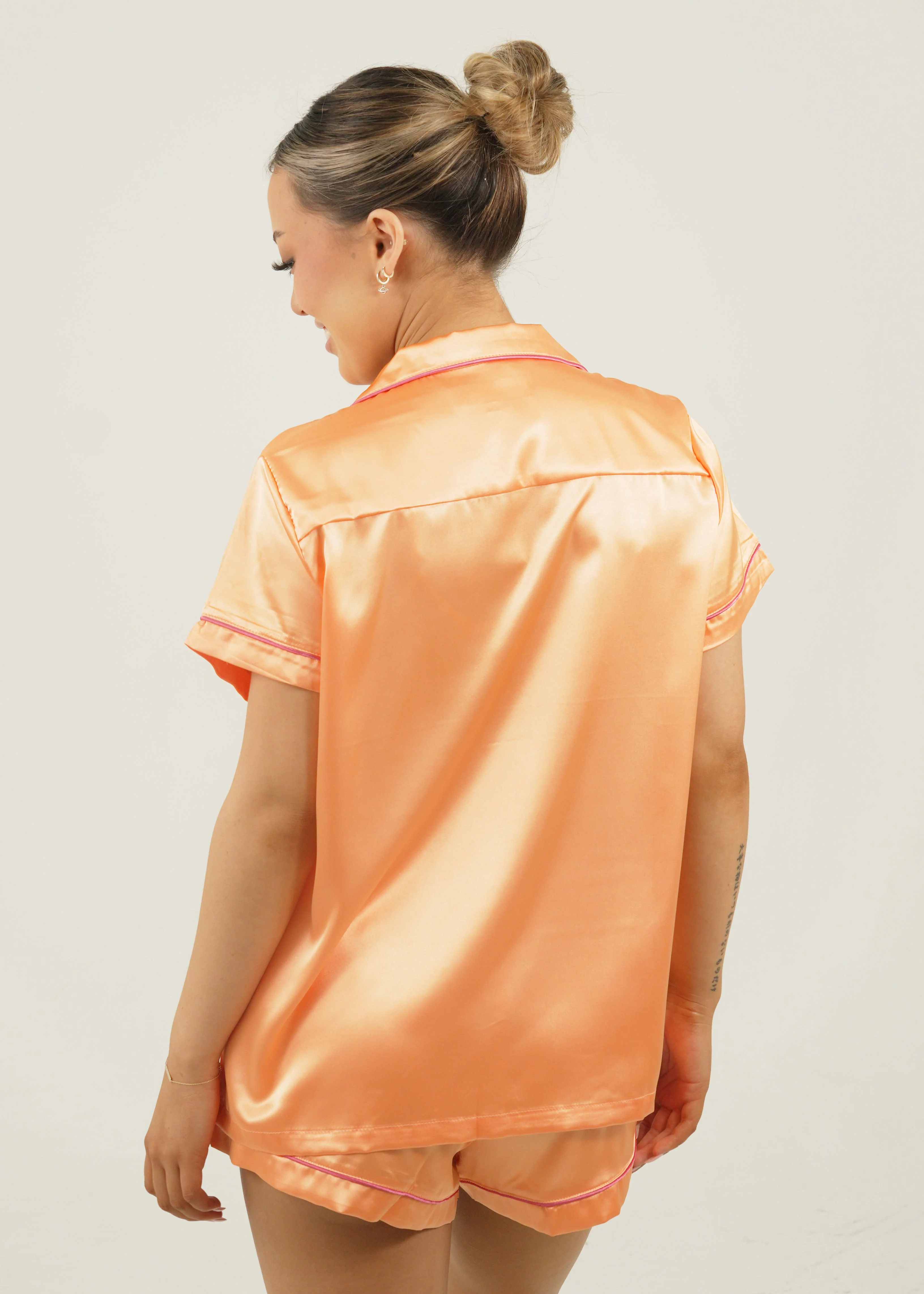 Womens Candy Orange Satin Short Pajama Set - Image 5