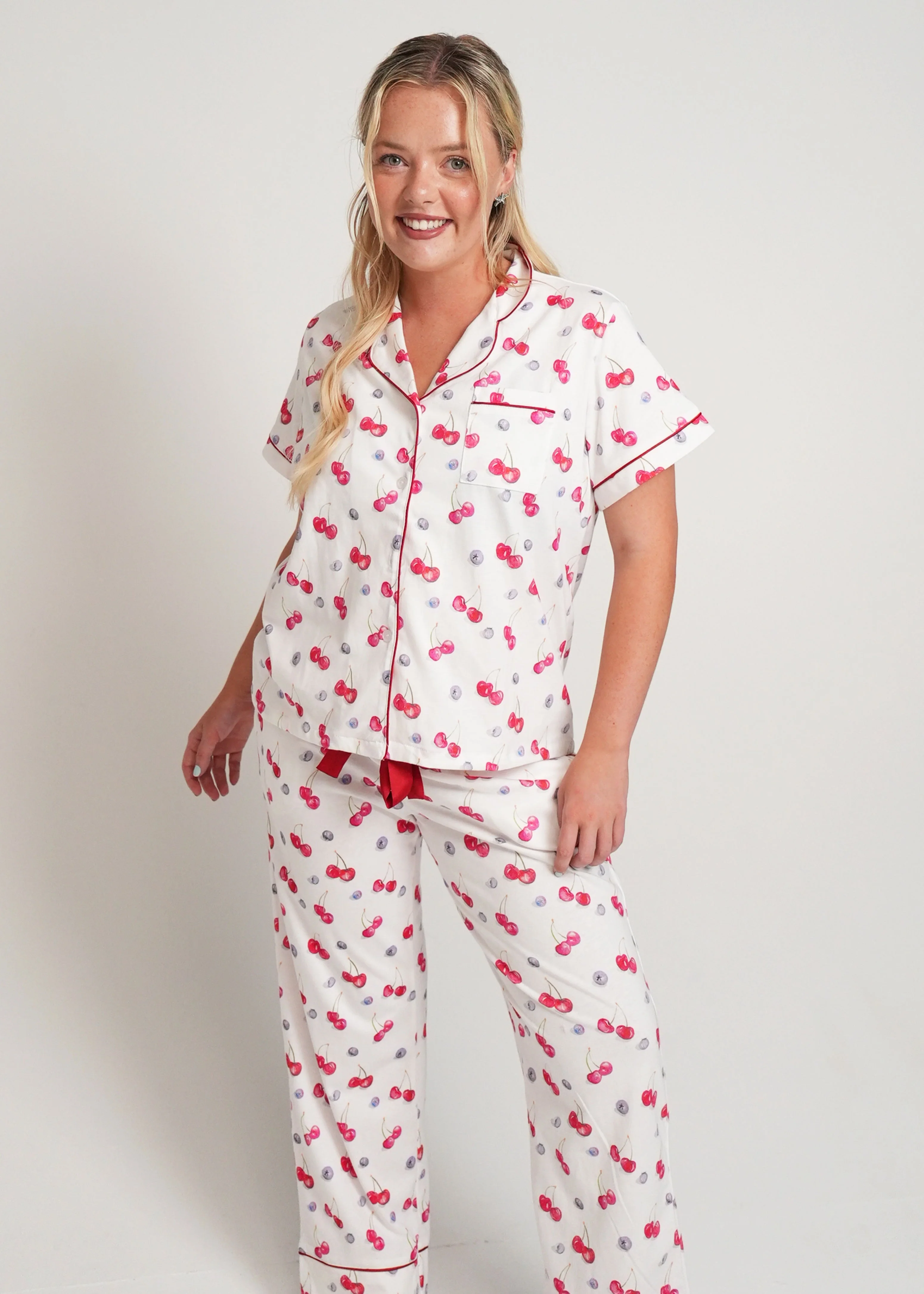 Cherries and Berries Jersey Knit Cotton Short Top / Long Pants PJ Set