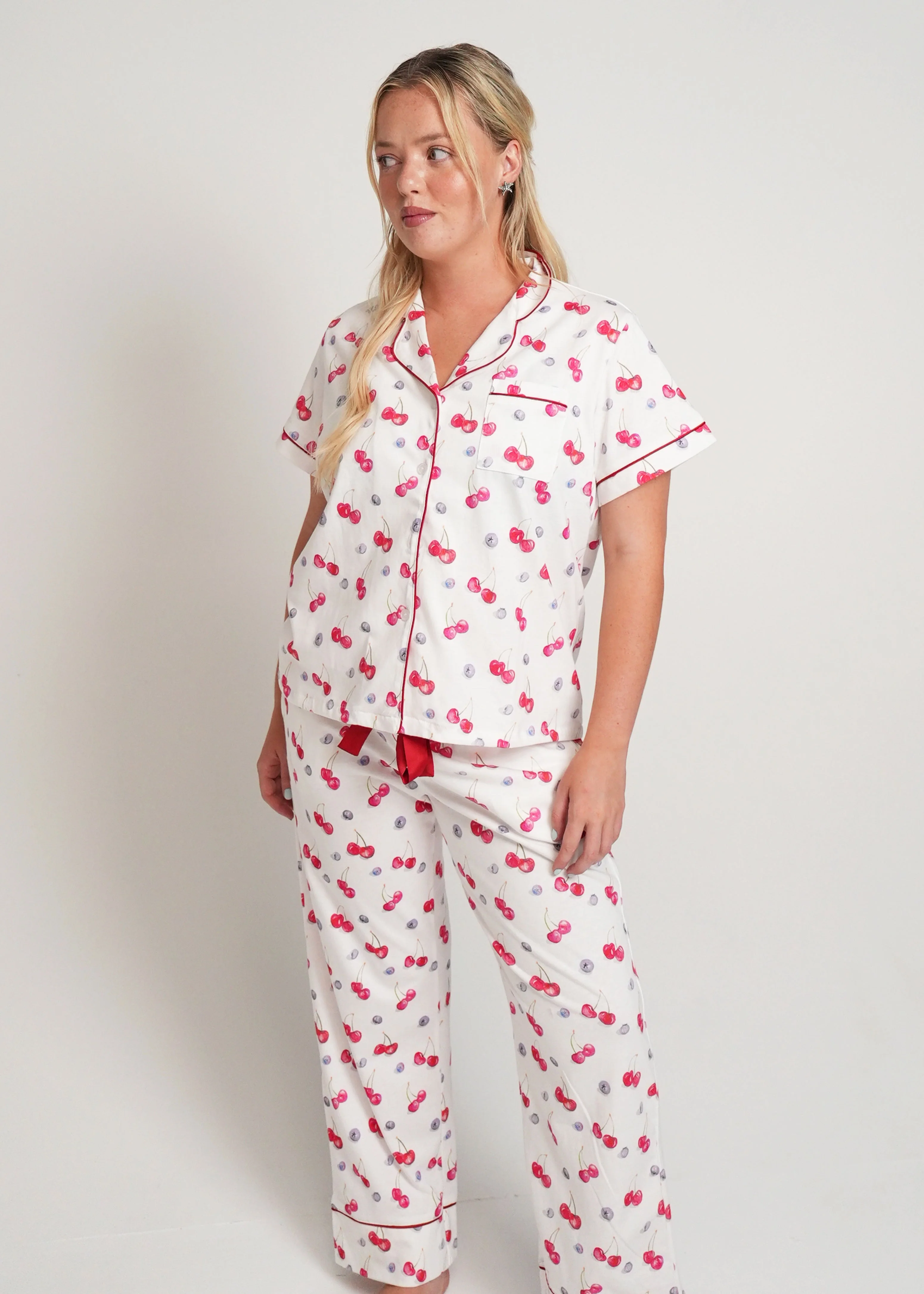 Cherries and Berries Jersey Knit Cotton Short Top / Long Pants PJ Set - Image 2