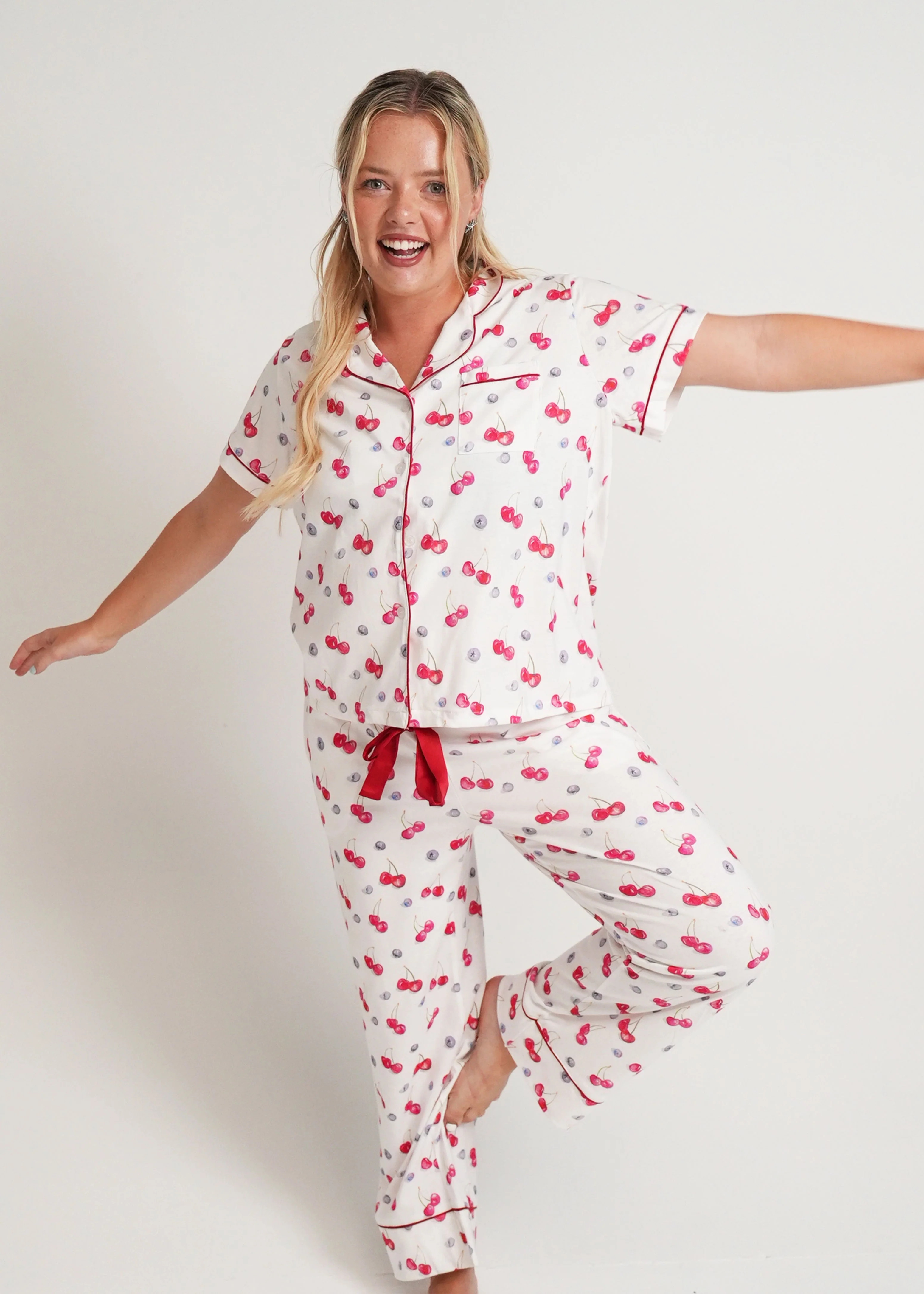 Cherries and Berries Jersey Knit Cotton Short Top / Long Pants PJ Set - Image 6