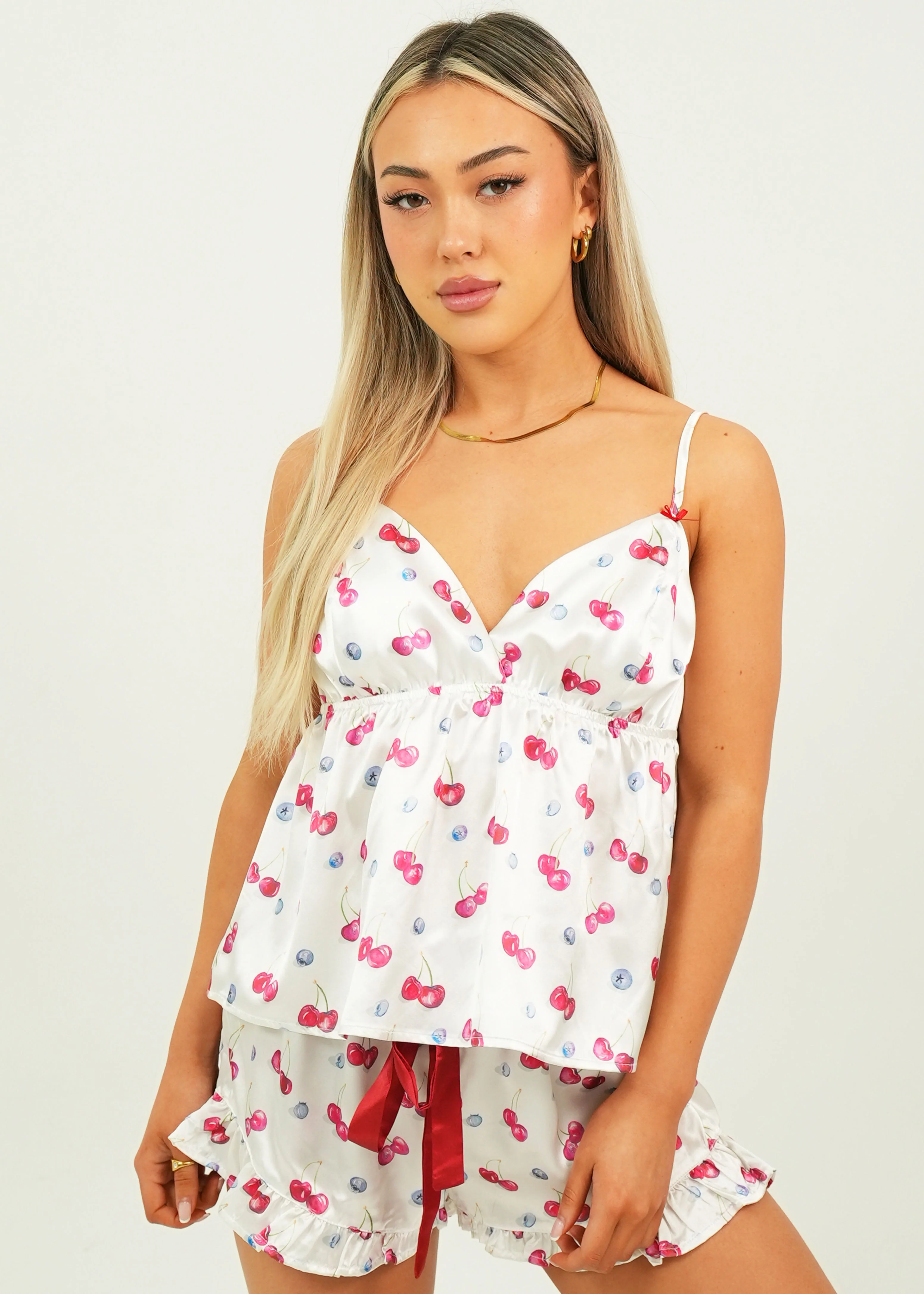 Cherries and Berries Satin Short Camisole PJ Set