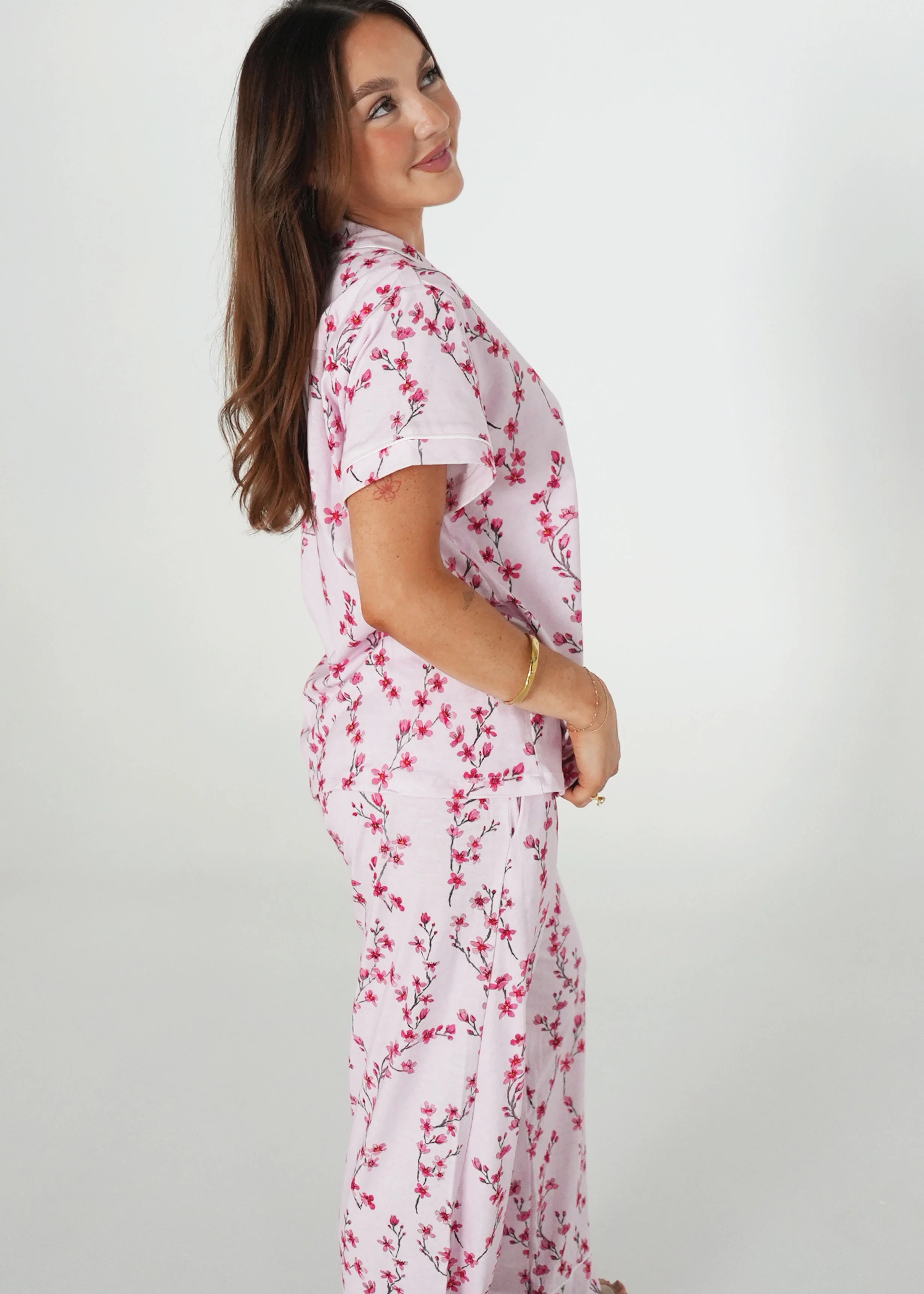 Cherry Blossom Jersey Knit Cotton Short Top / Long Pants PJ Set
