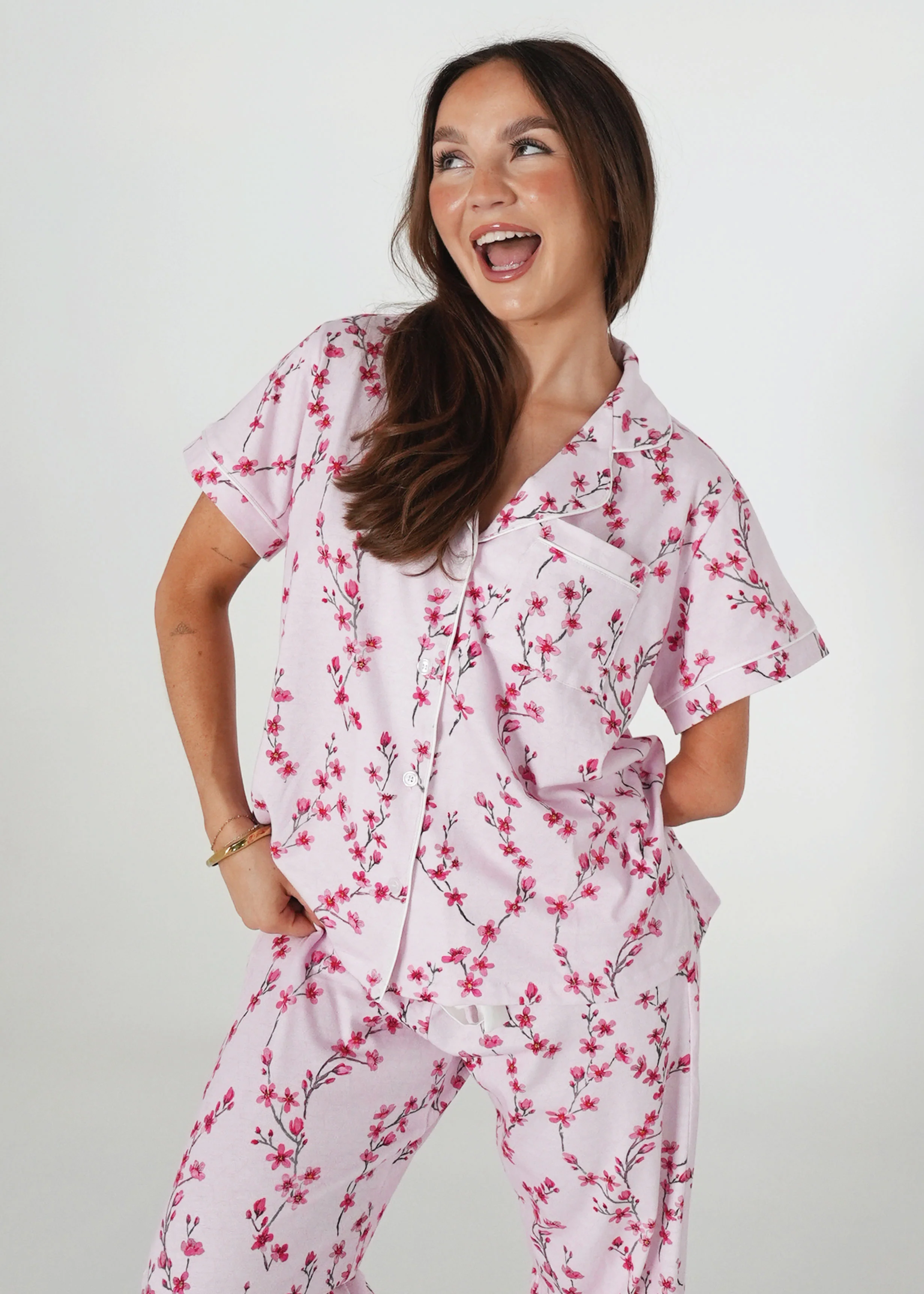 Cherry Blossom Jersey Knit Cotton Short Top / Long Pants PJ Set - Image 2