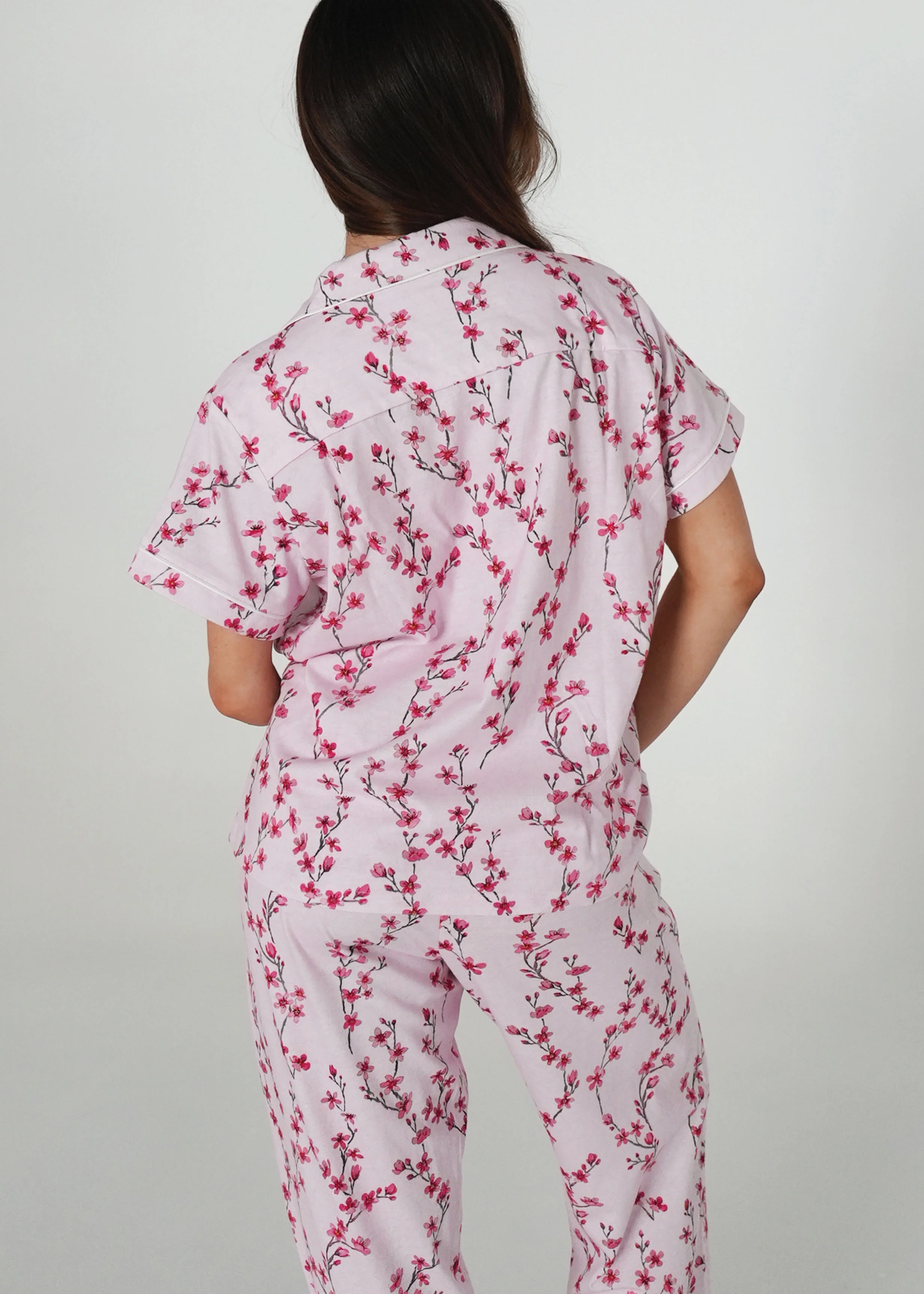 Cherry Blossom Jersey Knit Cotton Short Top / Long Pants PJ Set - Image 4