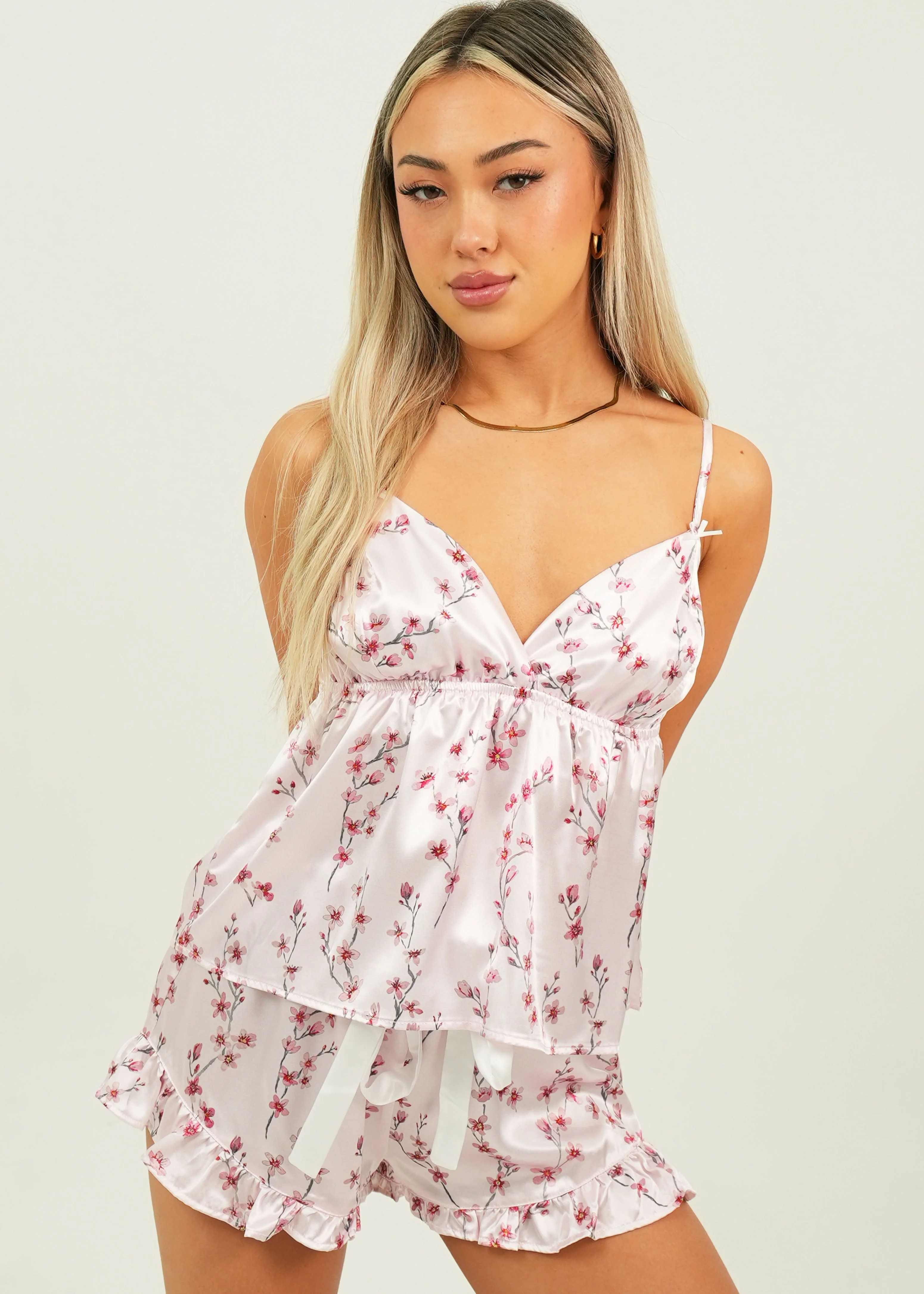 Cherry Blossom Satin Camisole Short Pajama Set - Image 4