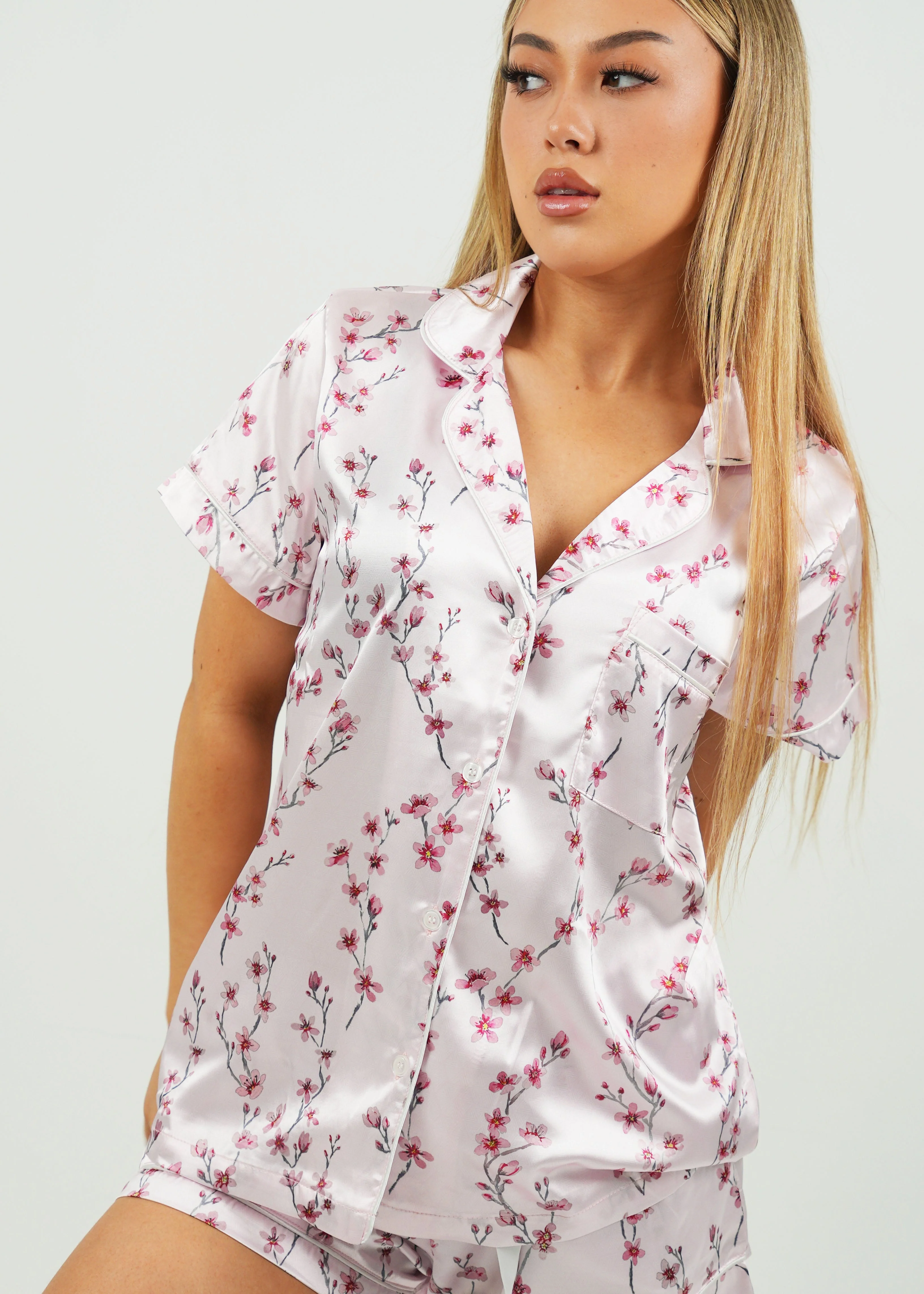 Cherry Blossom Satin Short Pajama Set - Image 4