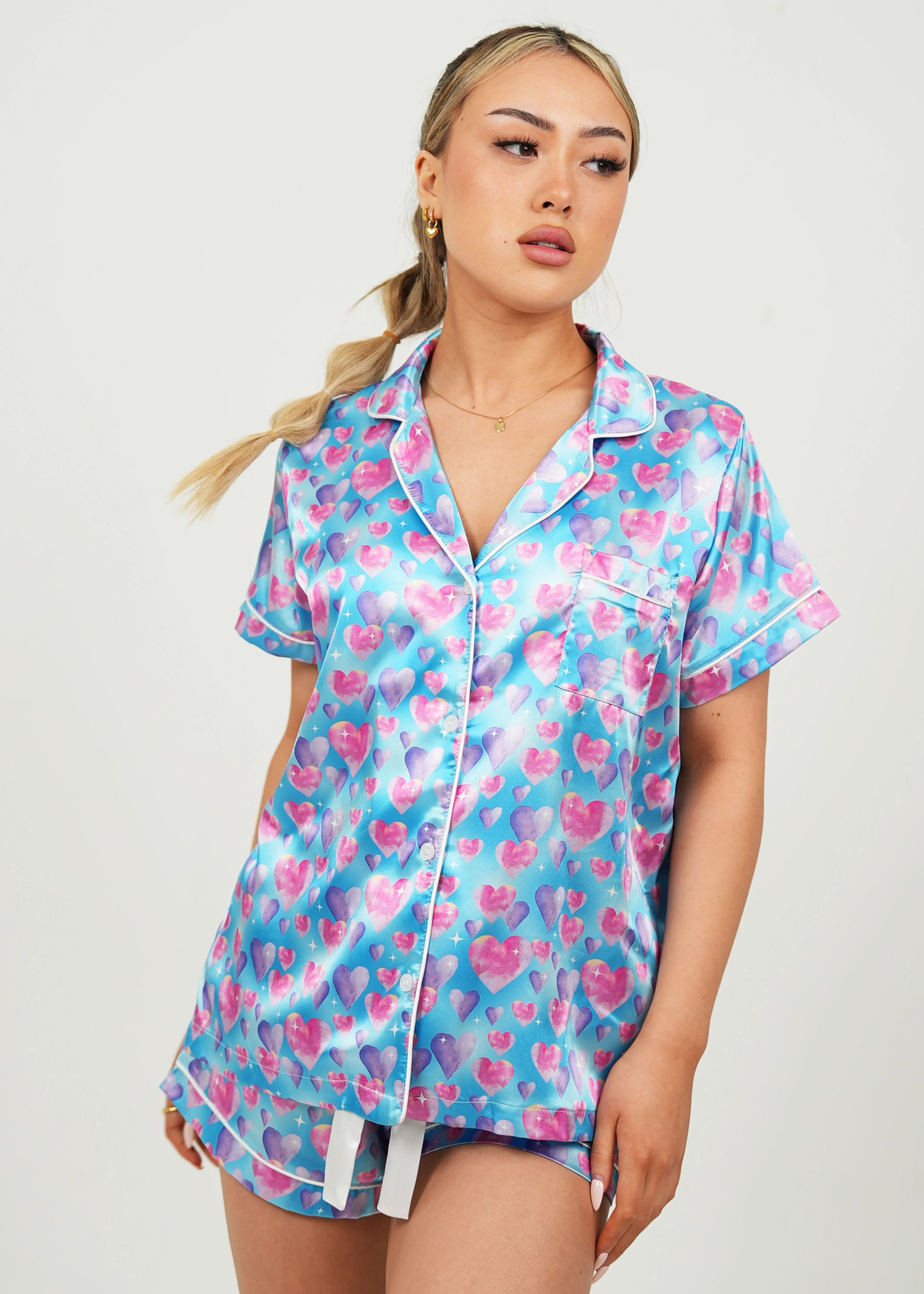Diamond Hearts Blue Satin Short Pajama Set