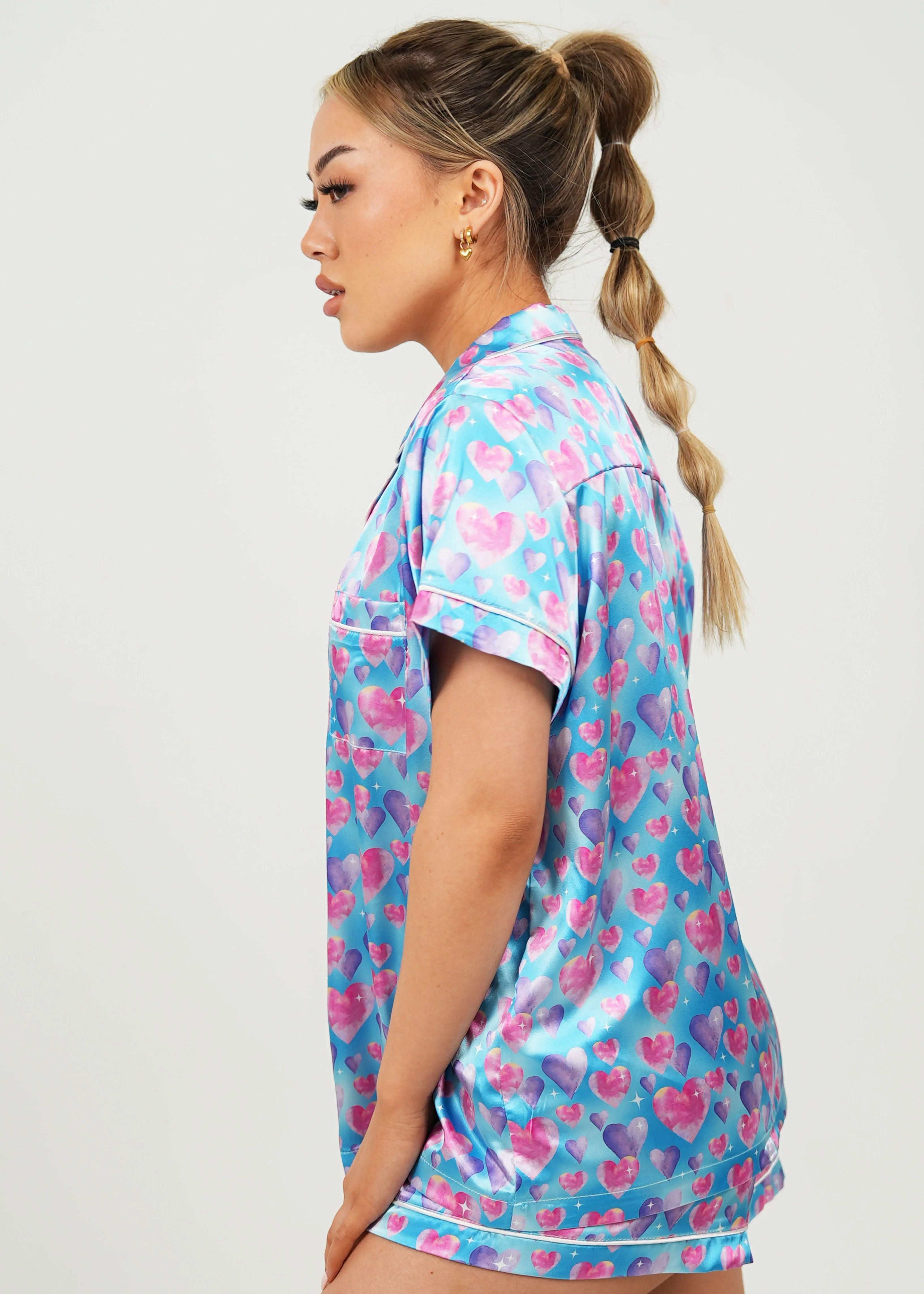 Diamond Hearts Blue Satin Short Pajama Set - Image 2