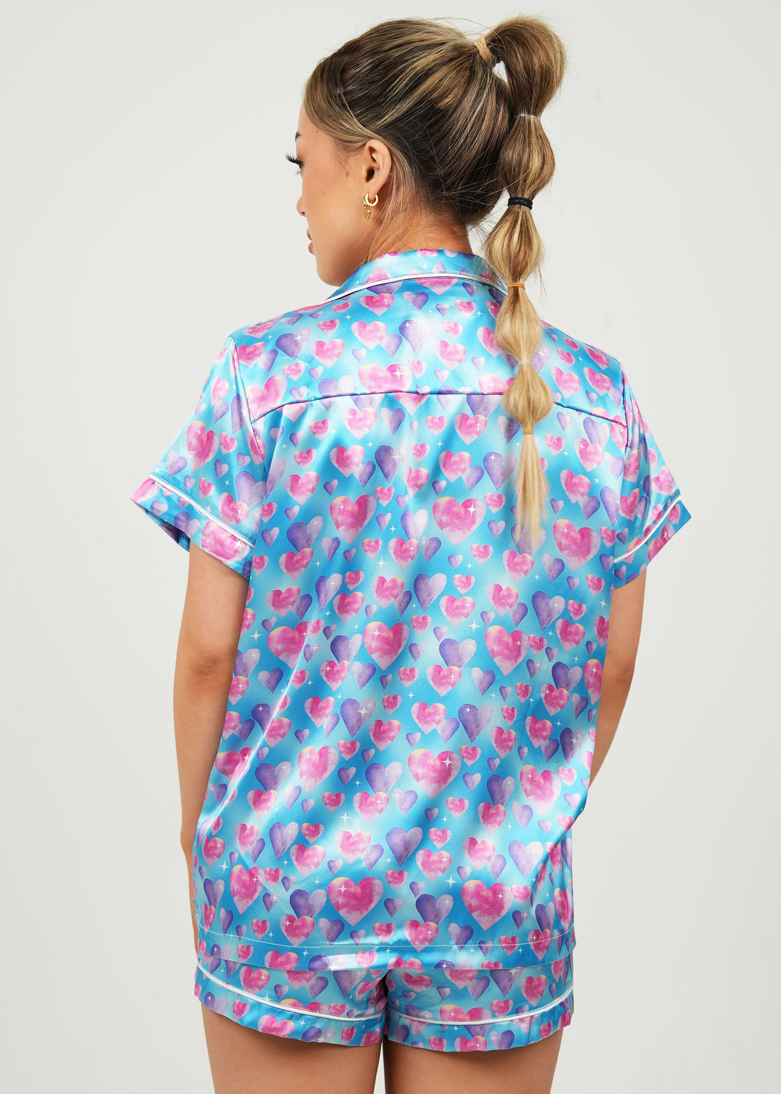 Diamond Hearts Blue Satin Short Pajama Set - Image 3