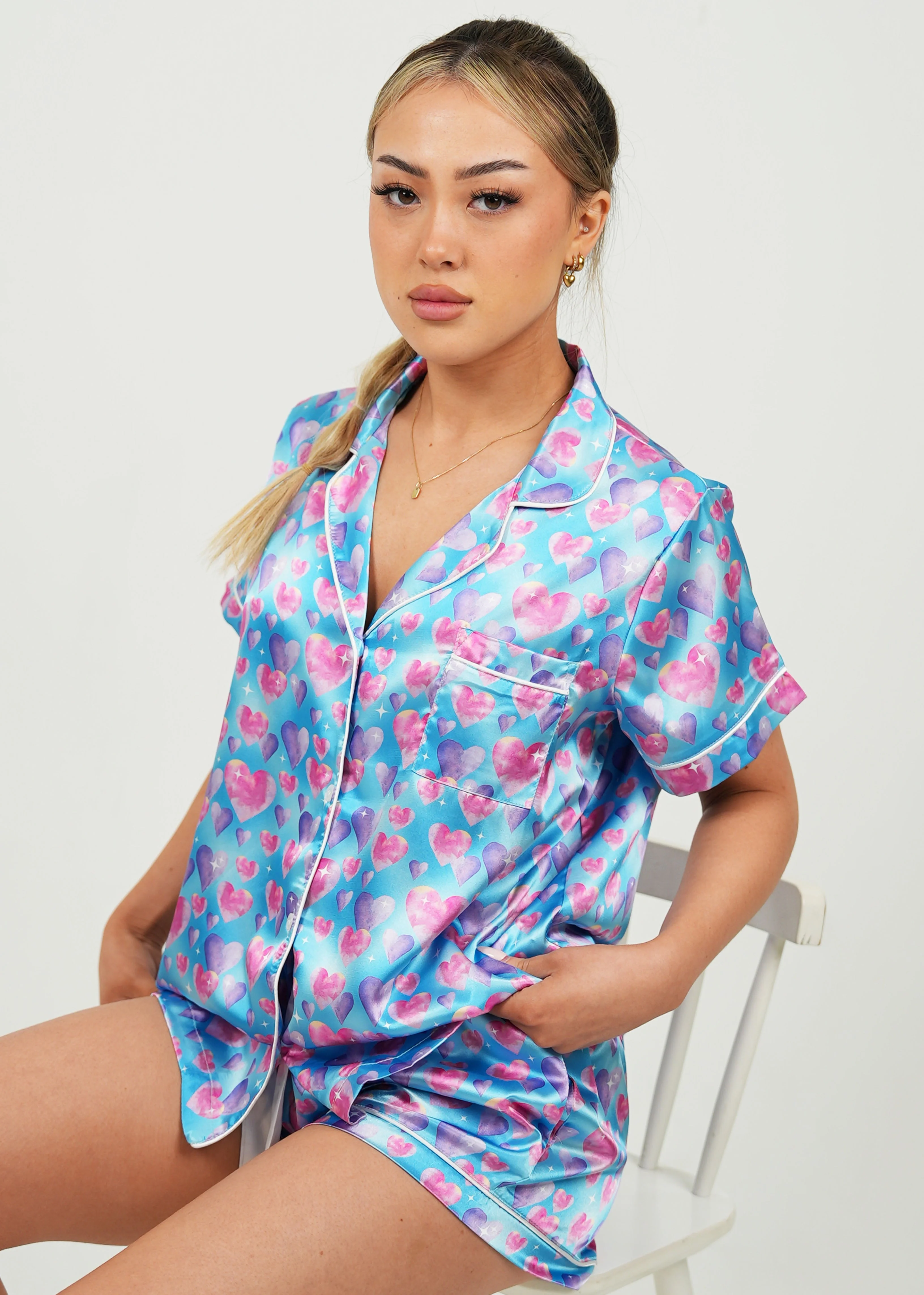 Diamond Hearts Blue Satin Short Pajama Set - Image 4