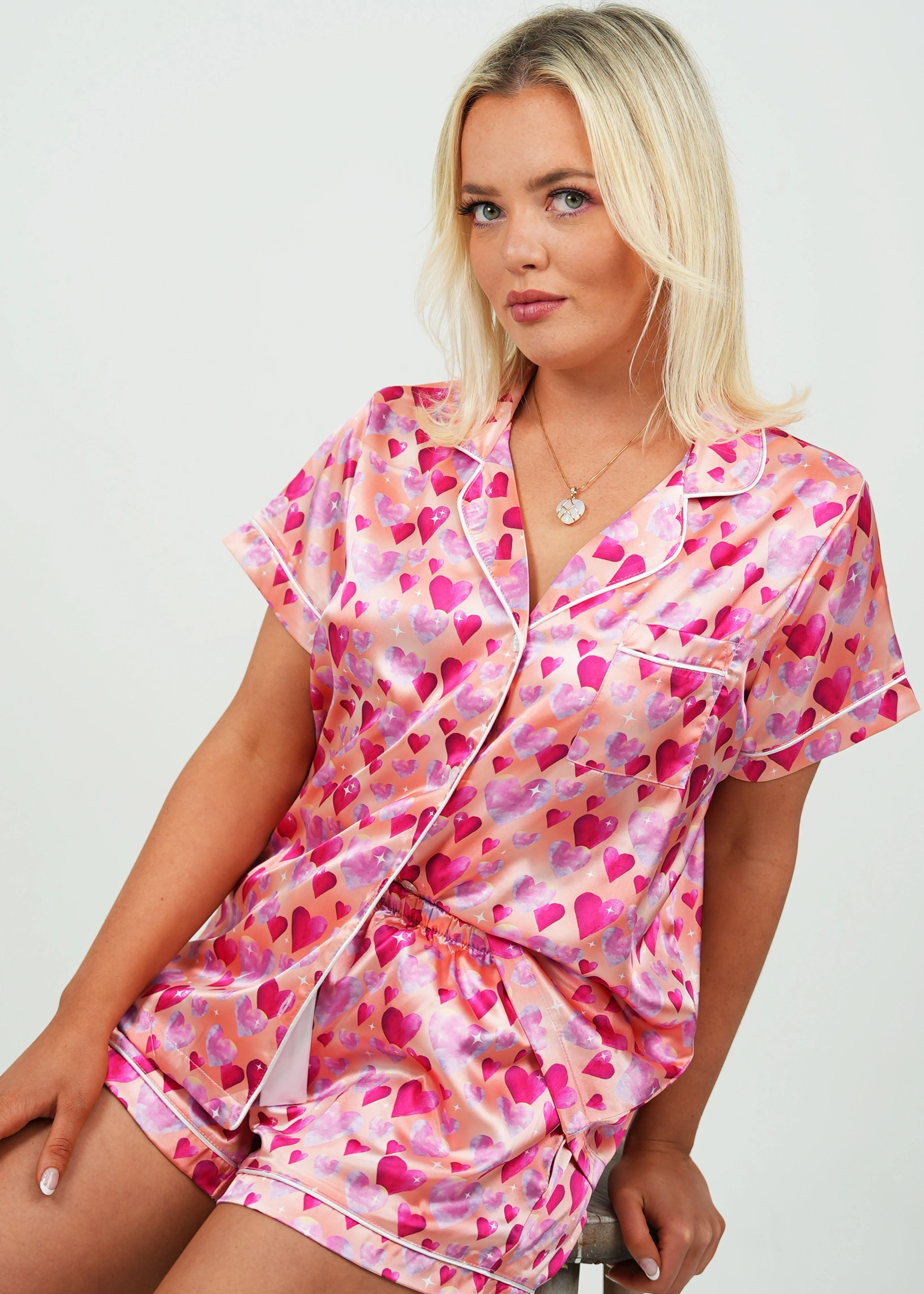 Diamond Hearts Orange Satin Short Pajama Set - Image 3