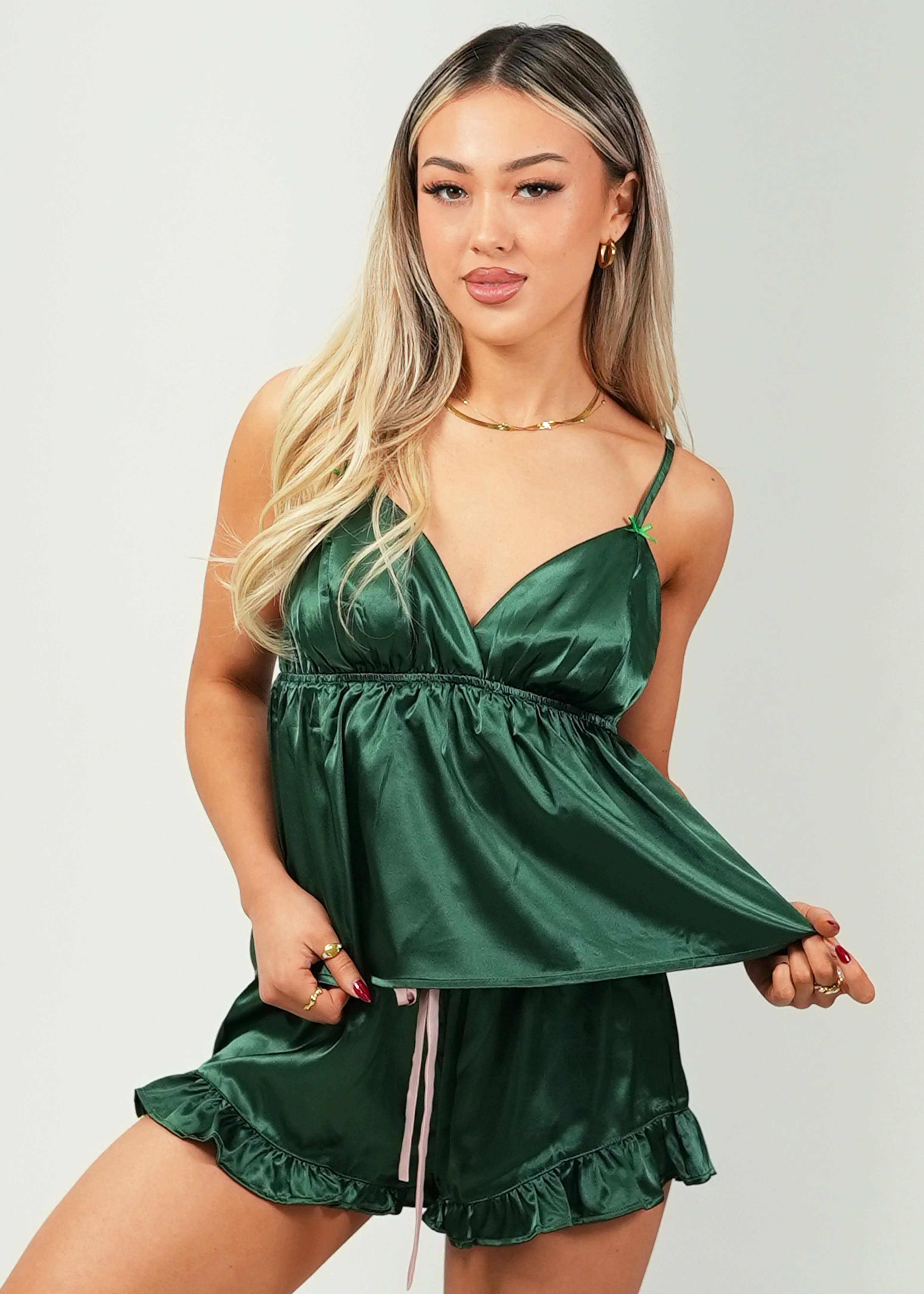 Forest Green Satin Camisole Short Pajama Set