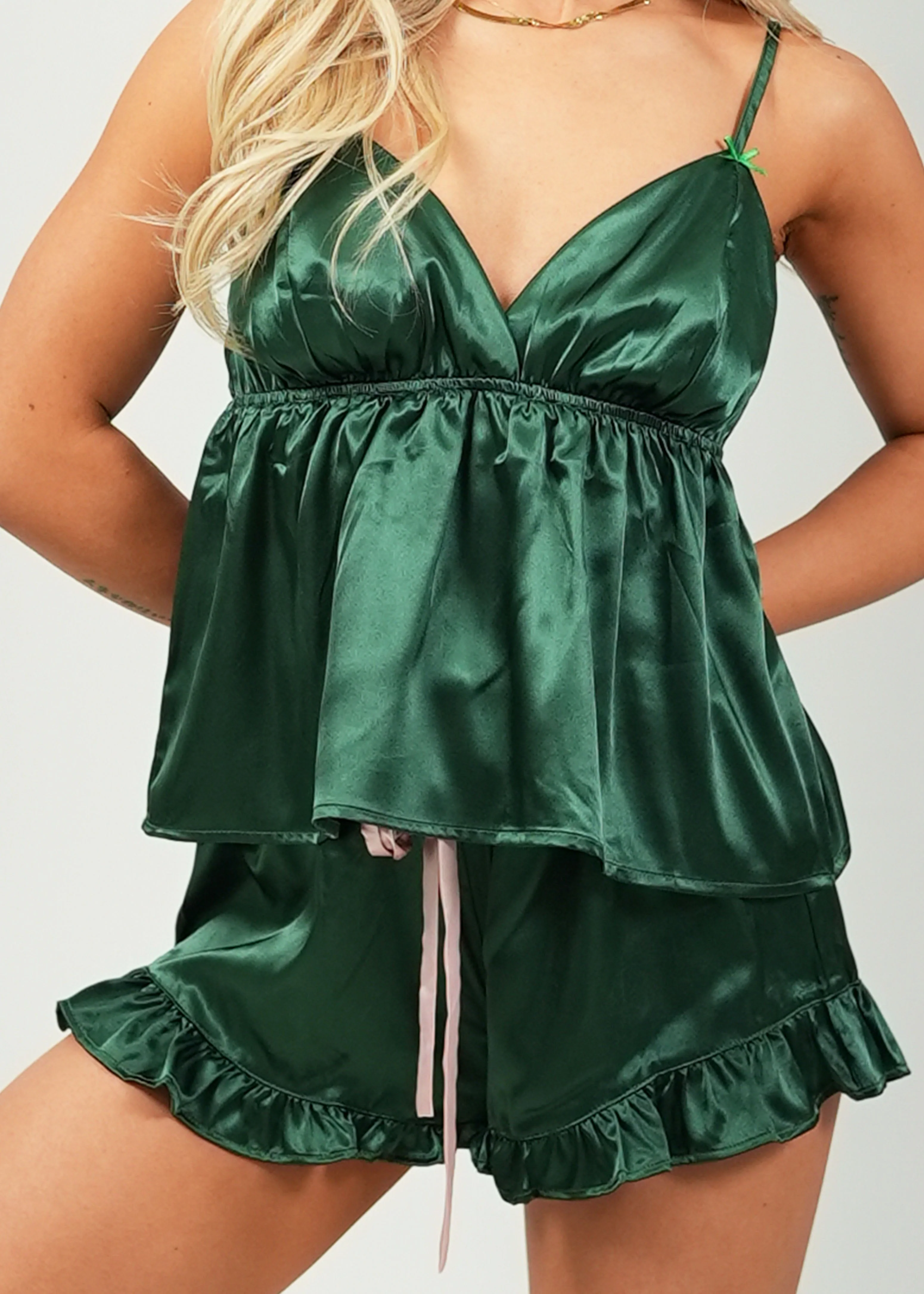 Forest Green Satin Camisole Short Pajama Set - Image 2