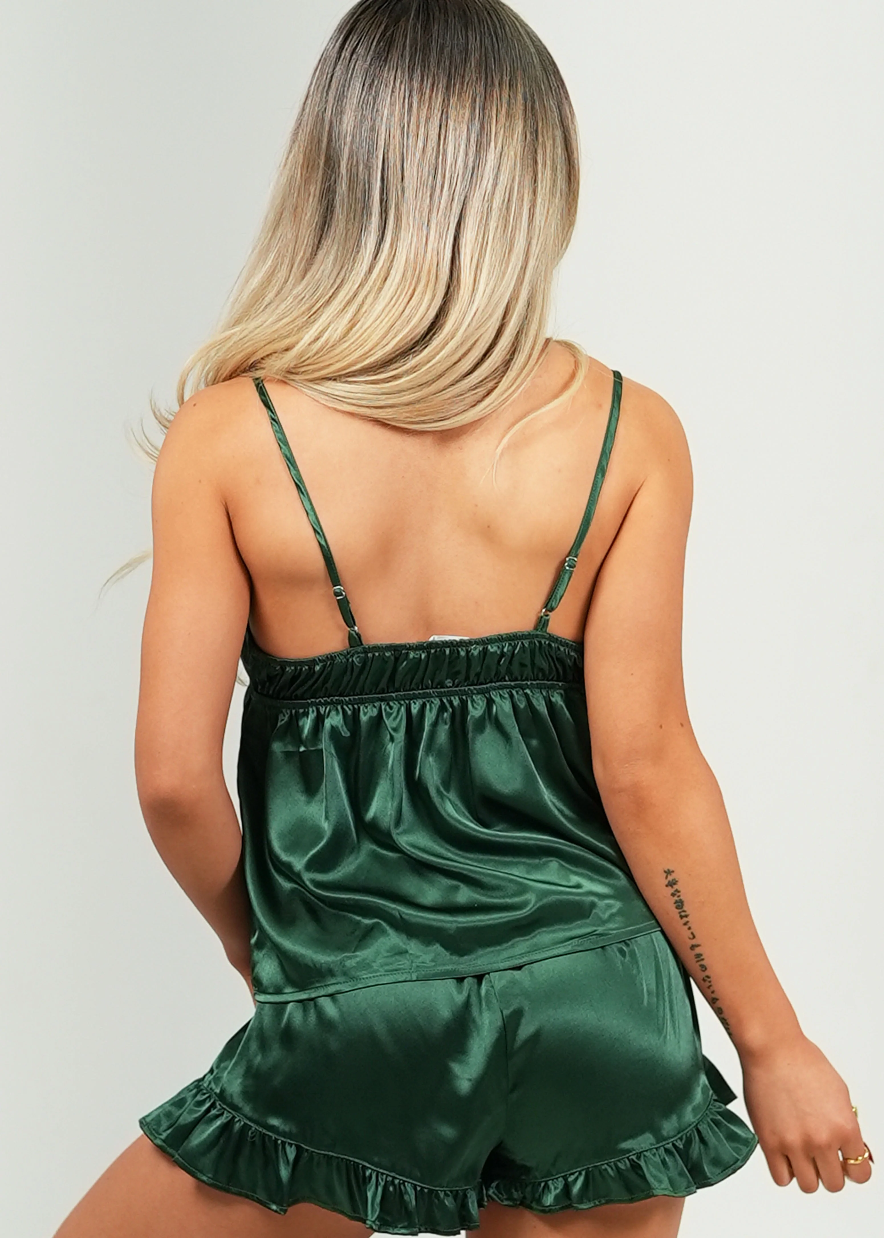 Forest Green Satin Camisole Short Pajama Set - Image 4