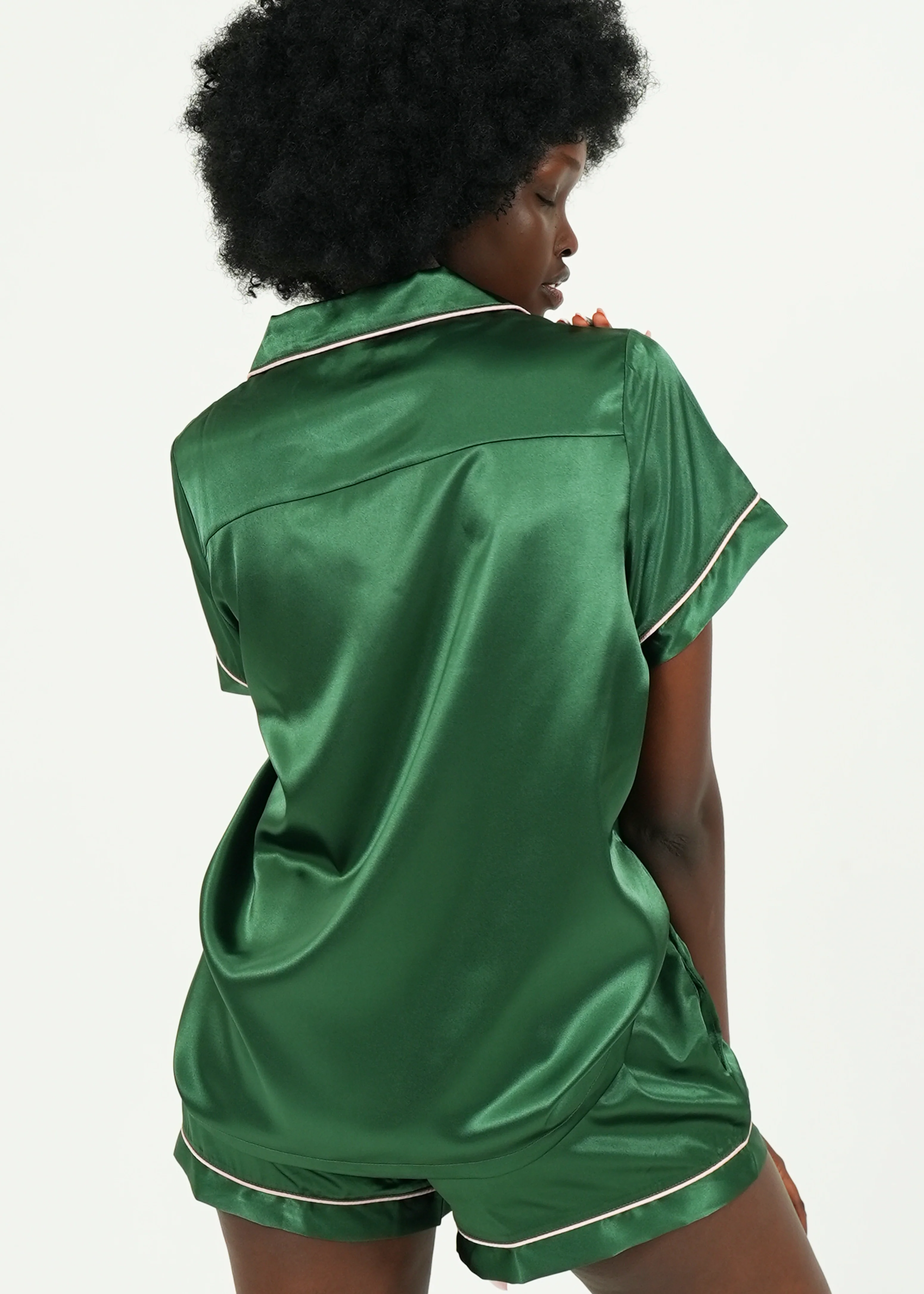 Womens Forest Green Satin Short Pajama Set - Image 3