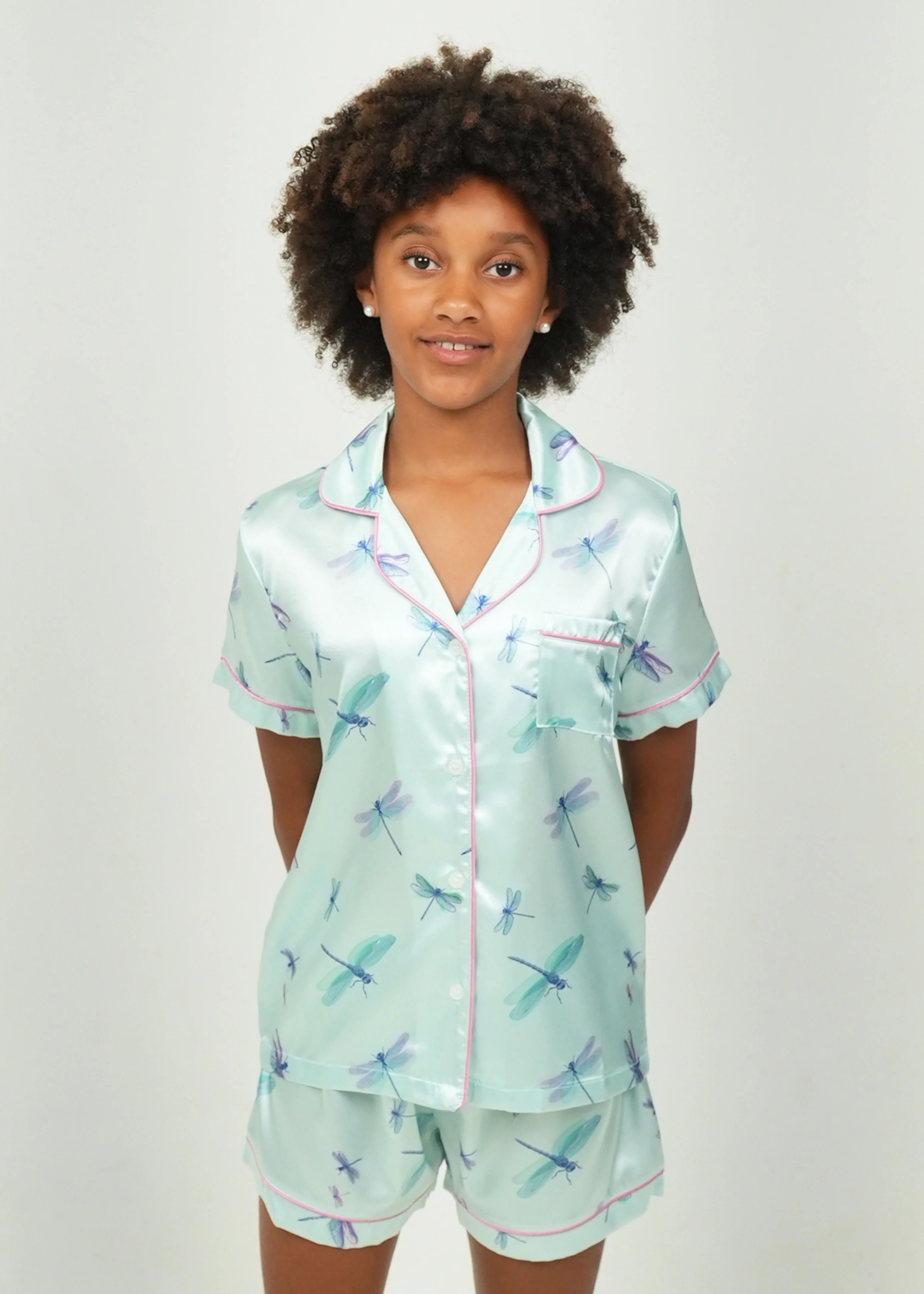 Girls - Aqua Dragonflies Short Satin PJ Set