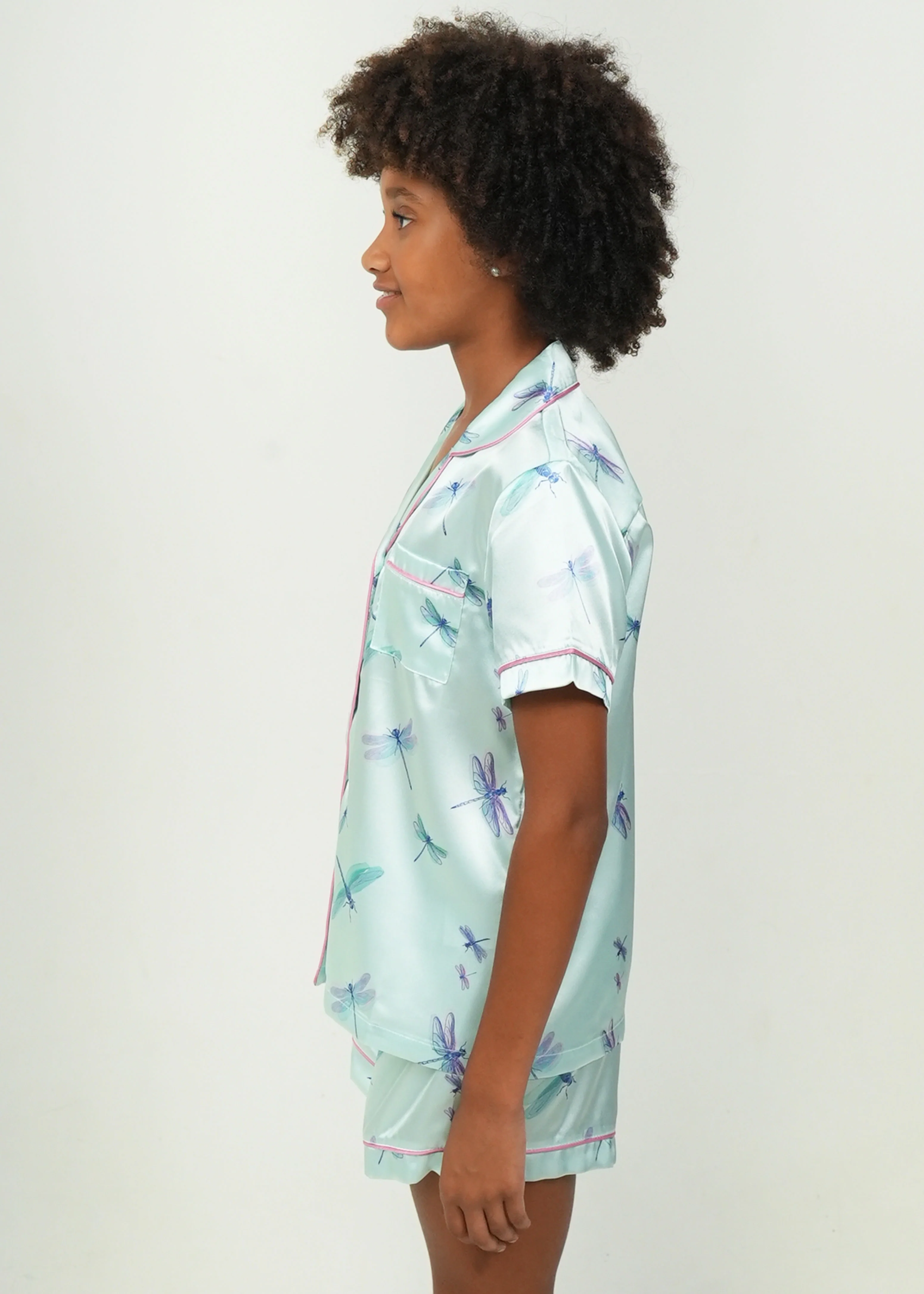 Girls - Aqua Dragonflies Short Satin PJ Set - Image 2