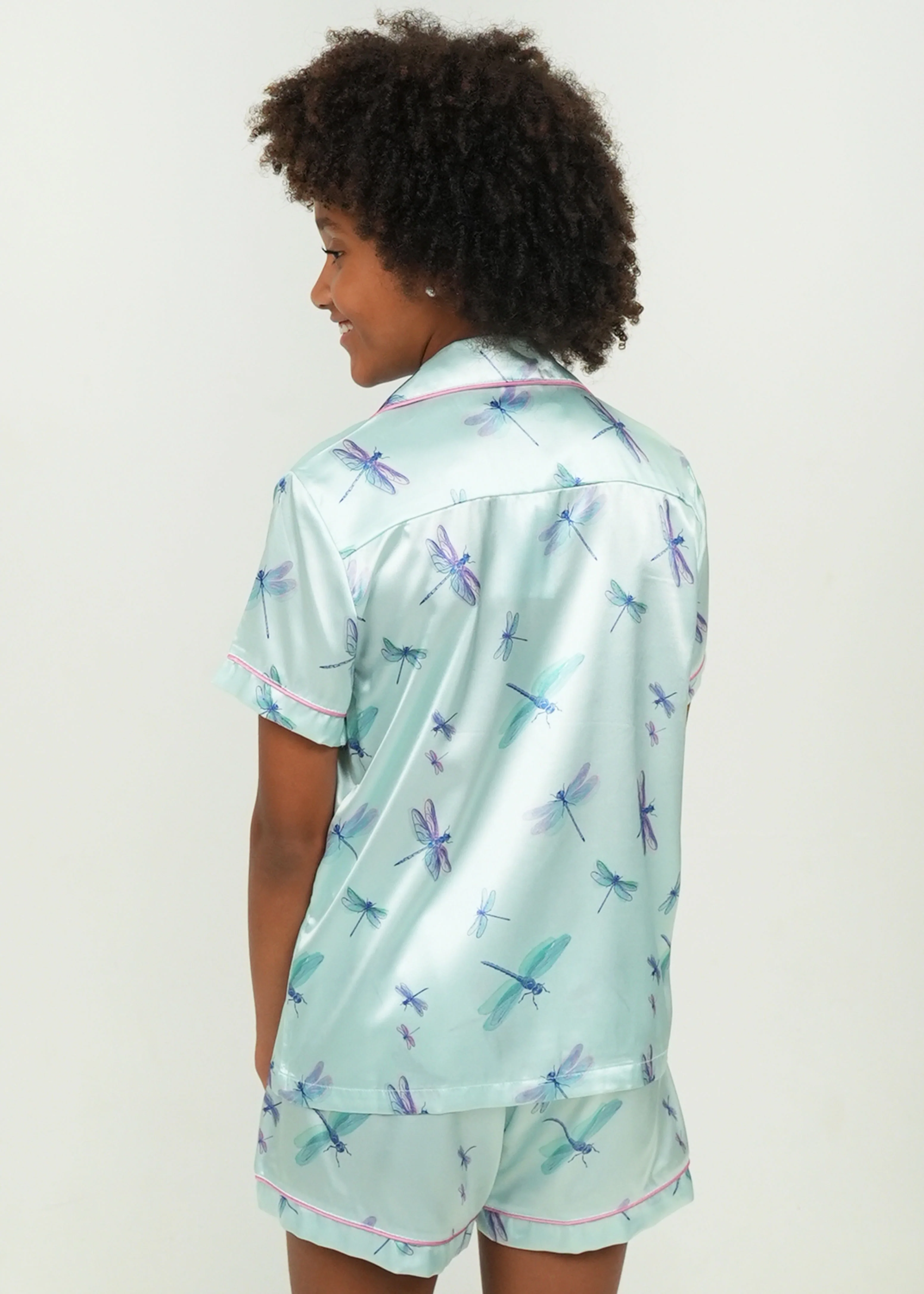 Girls - Aqua Dragonflies Short Satin PJ Set - Image 3