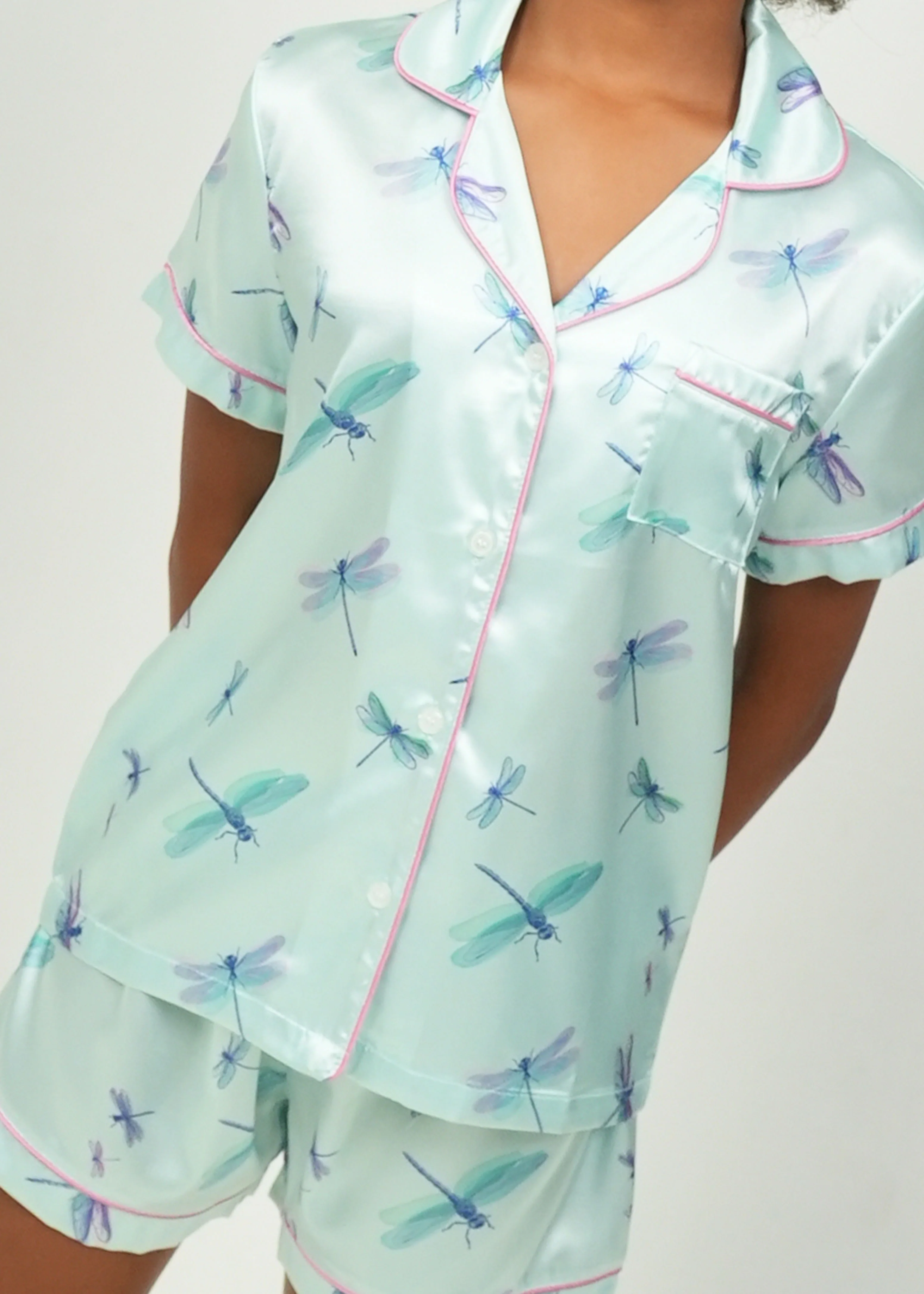 Girls - Aqua Dragonflies Short Satin PJ Set - Image 4