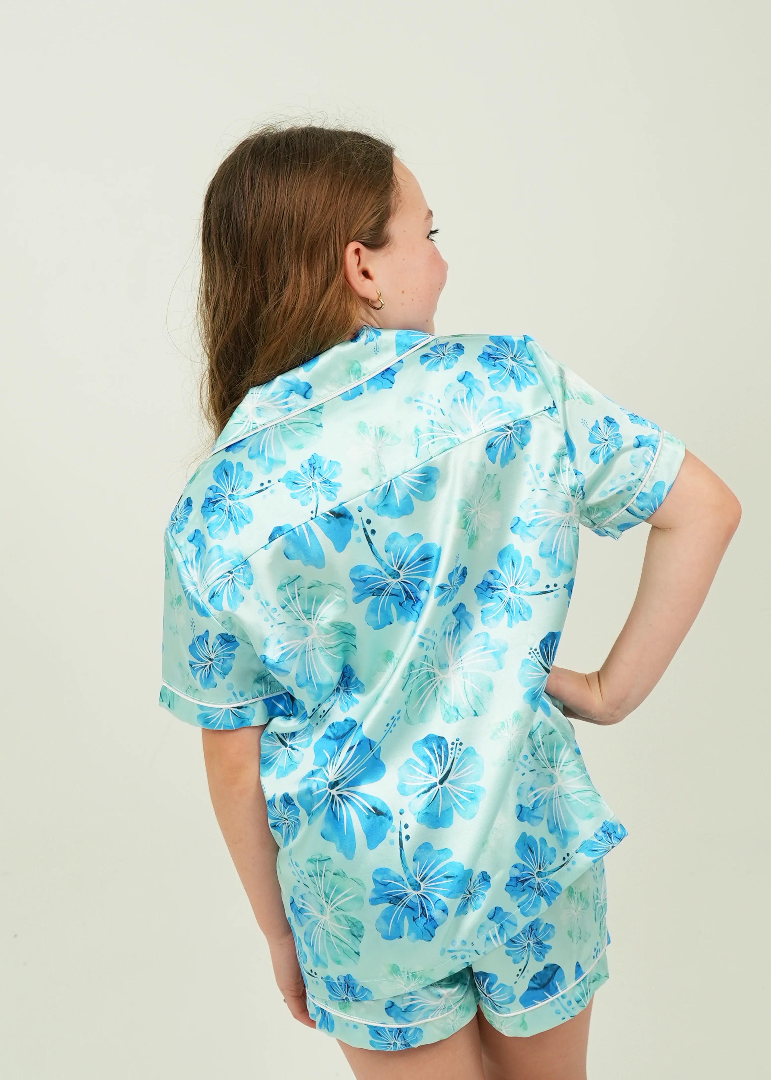 Girls Aqua Hibiscus Satin Short Pajama Set - Image 3