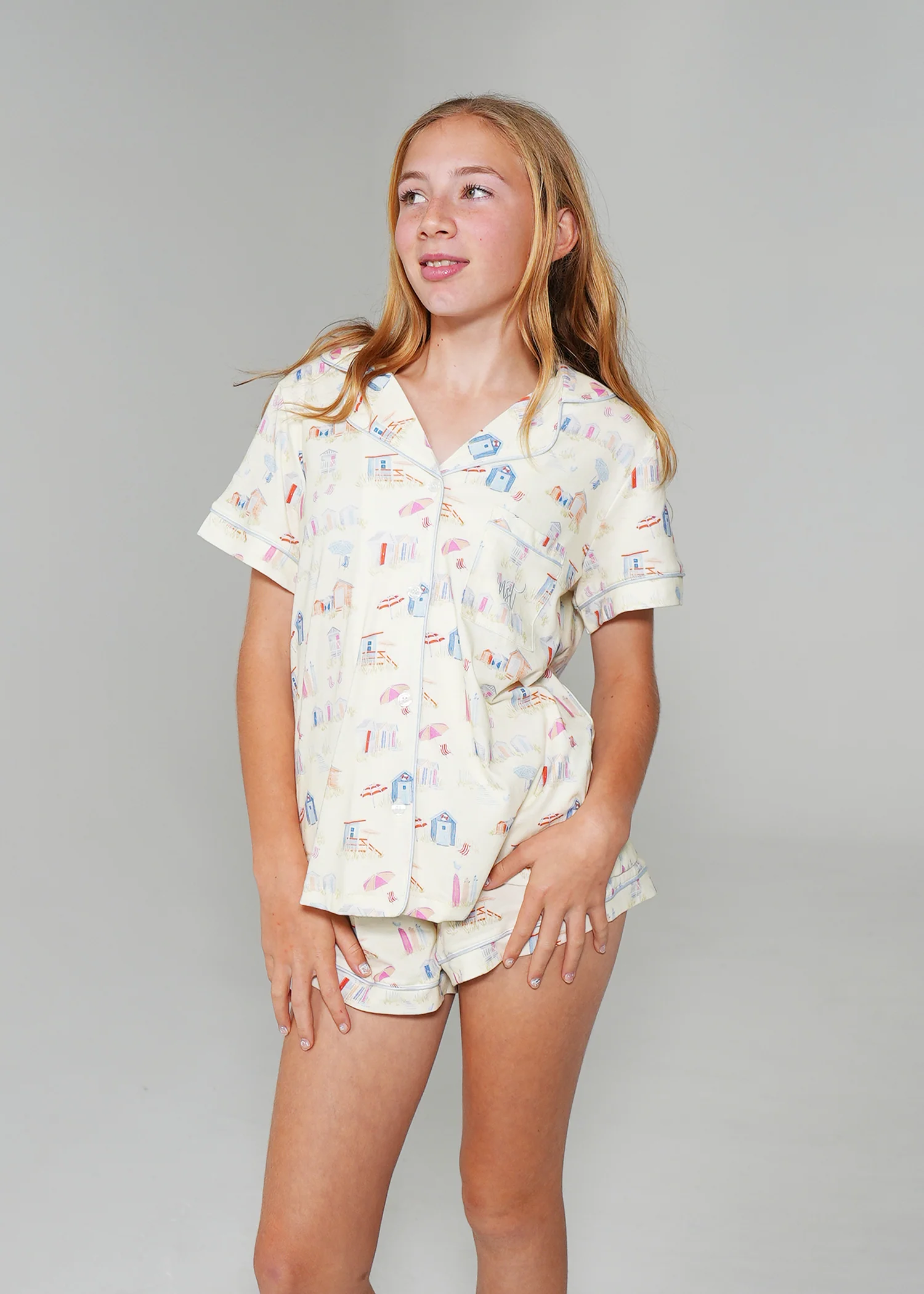 Girls - Beach Huts Jersey Knit Cotton Short PJ Set - Image 3