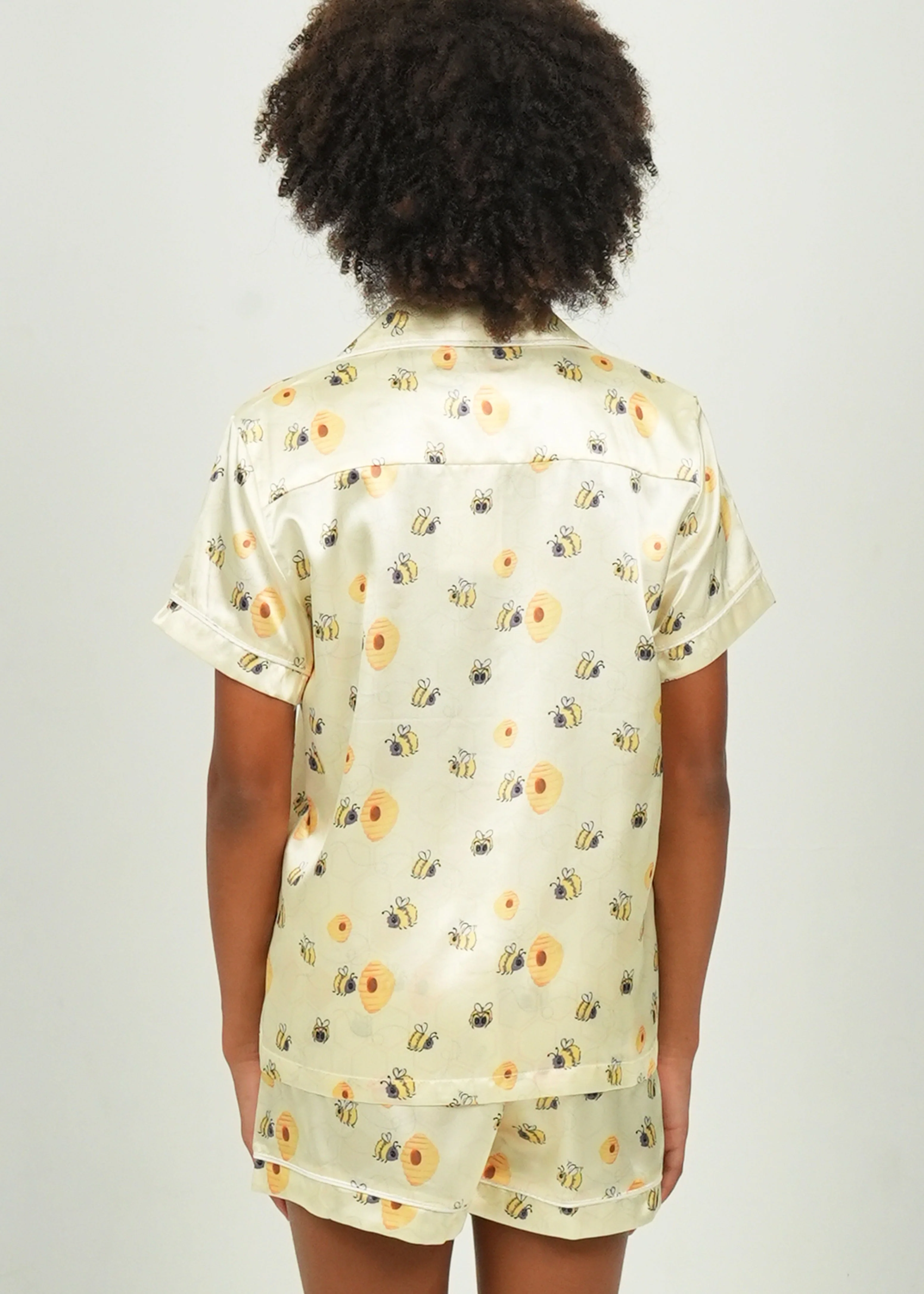 Girls - Yellow Bumble Bees Satin Short PJ Set - Image 3