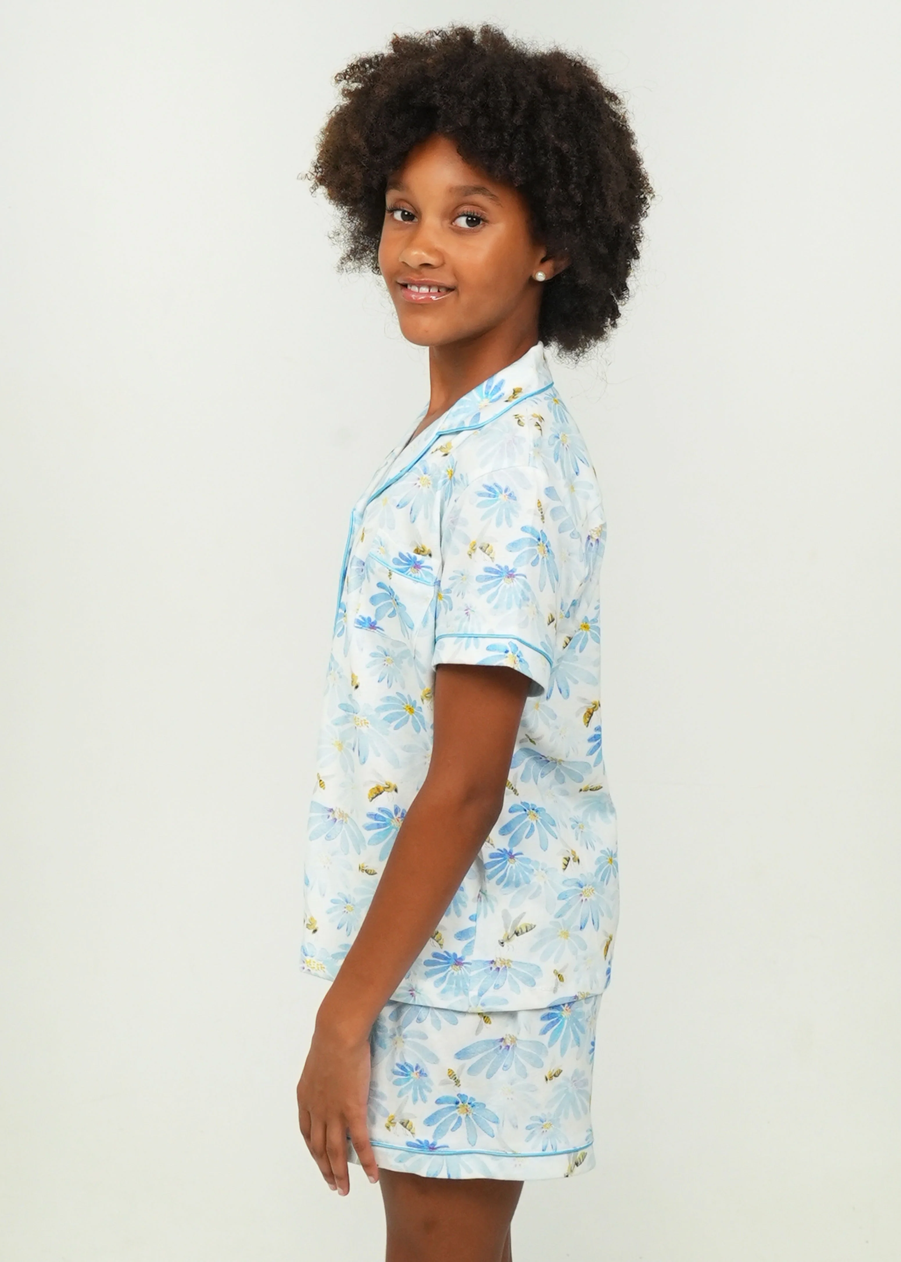 Girls - Blue Daisies and Bees Jersey Knit Cotton Short PJ Set - Image 5