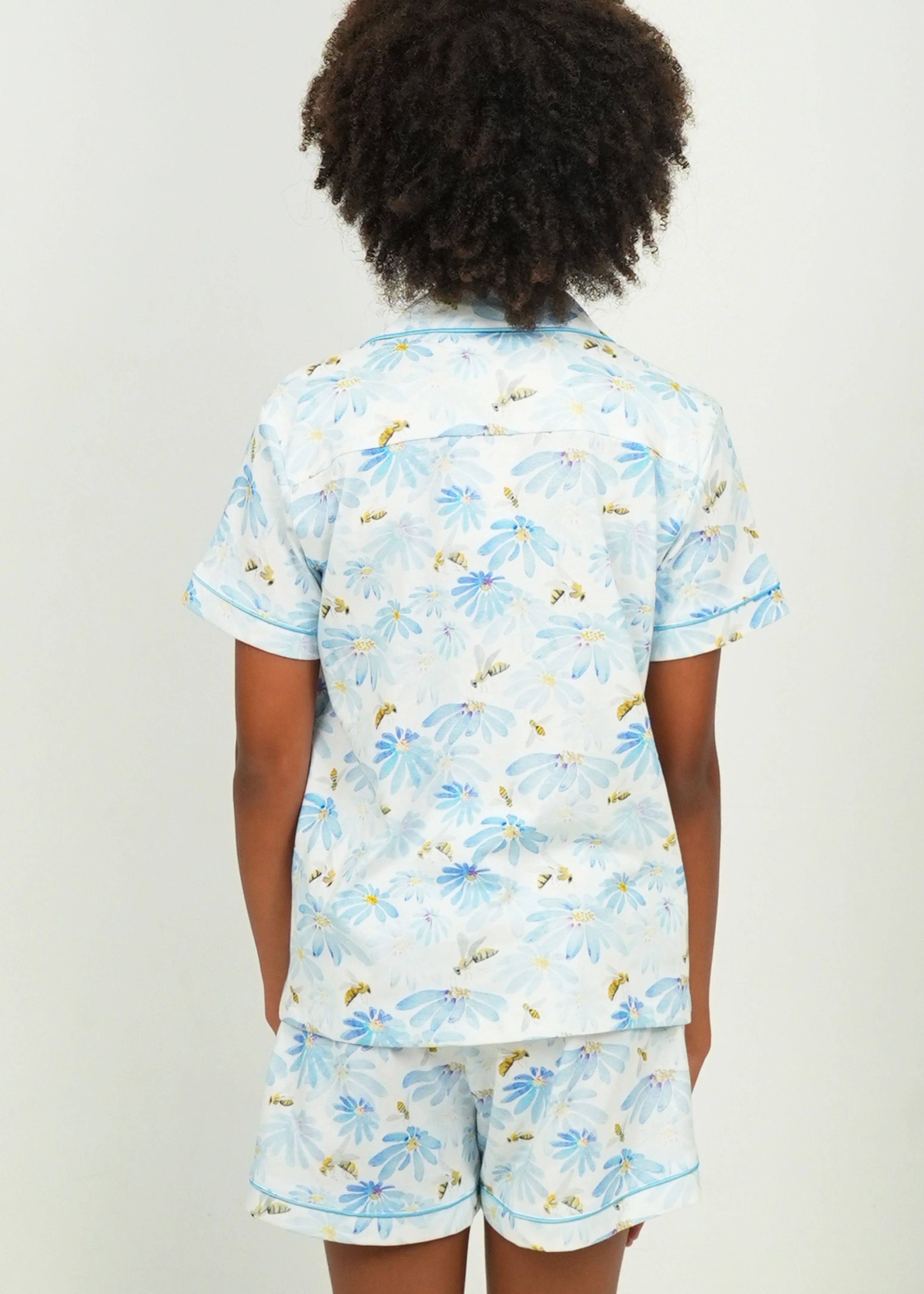 Girls - Blue Daisies and Bees Jersey Knit Cotton Short PJ Set - Image 6