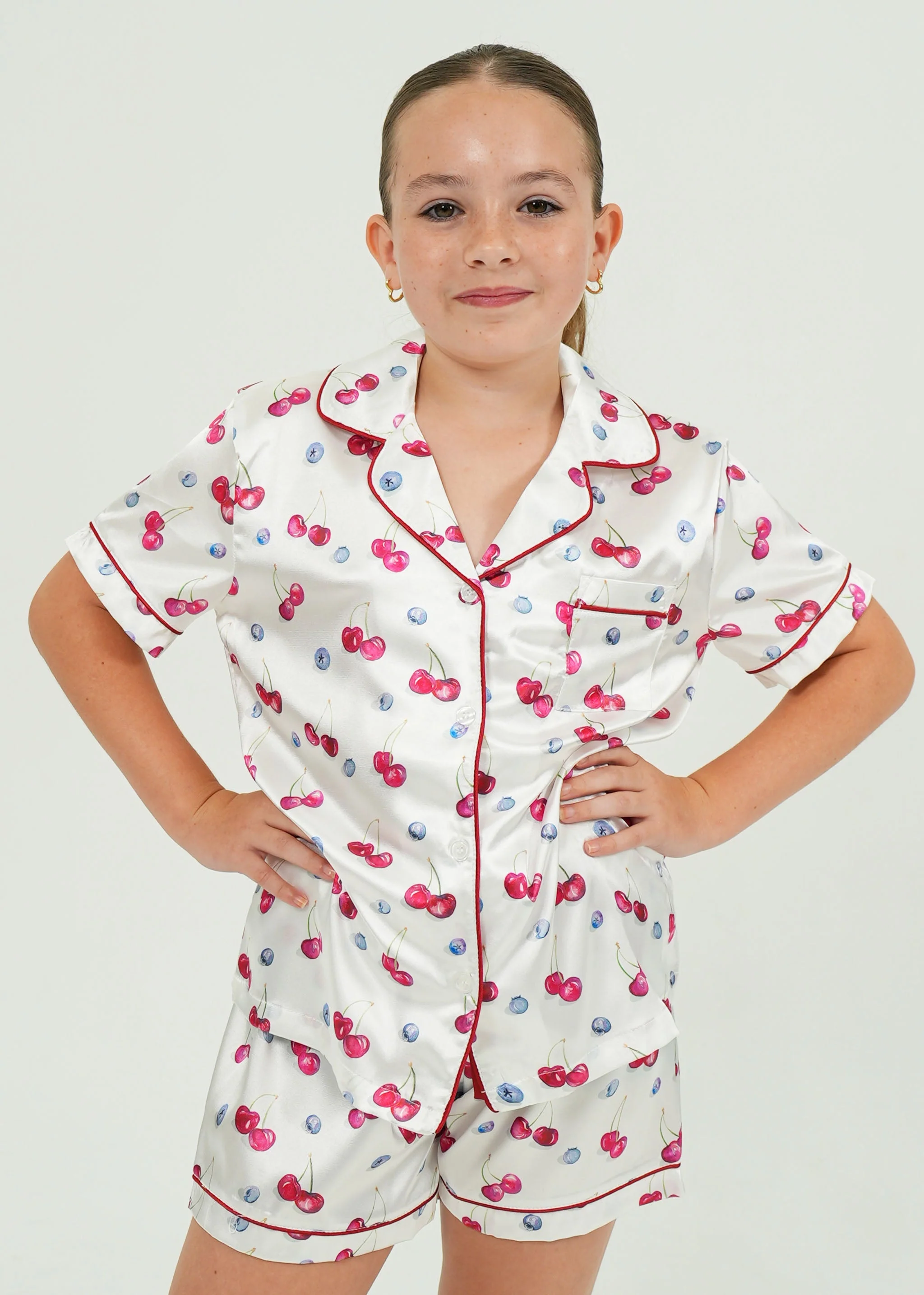 Girls Cherries and Berries Satin Short Pajama Set - Image 4