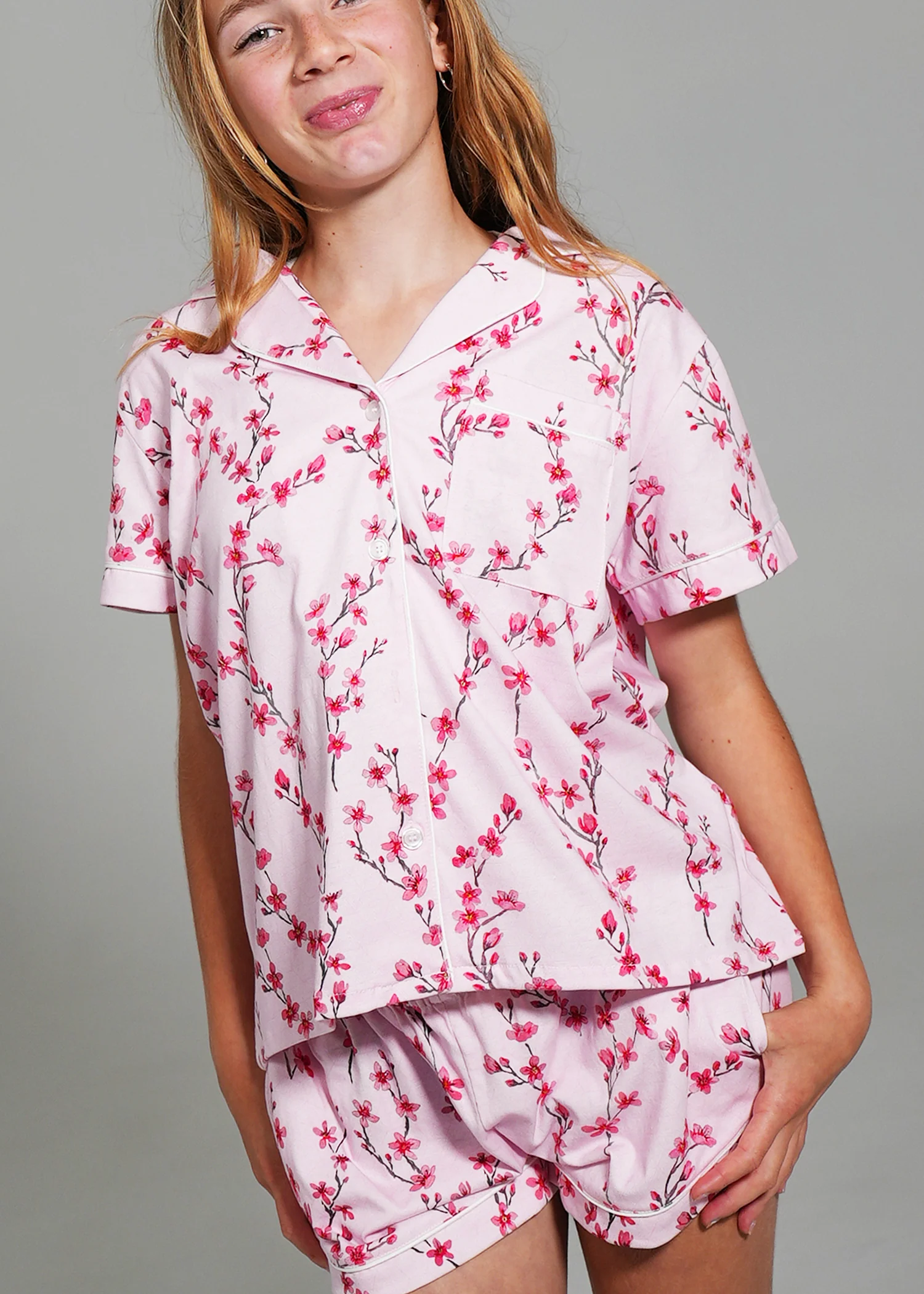 Girls - Cherry Blossom Jersey Knit Cotton Short PJ Set - Image 3