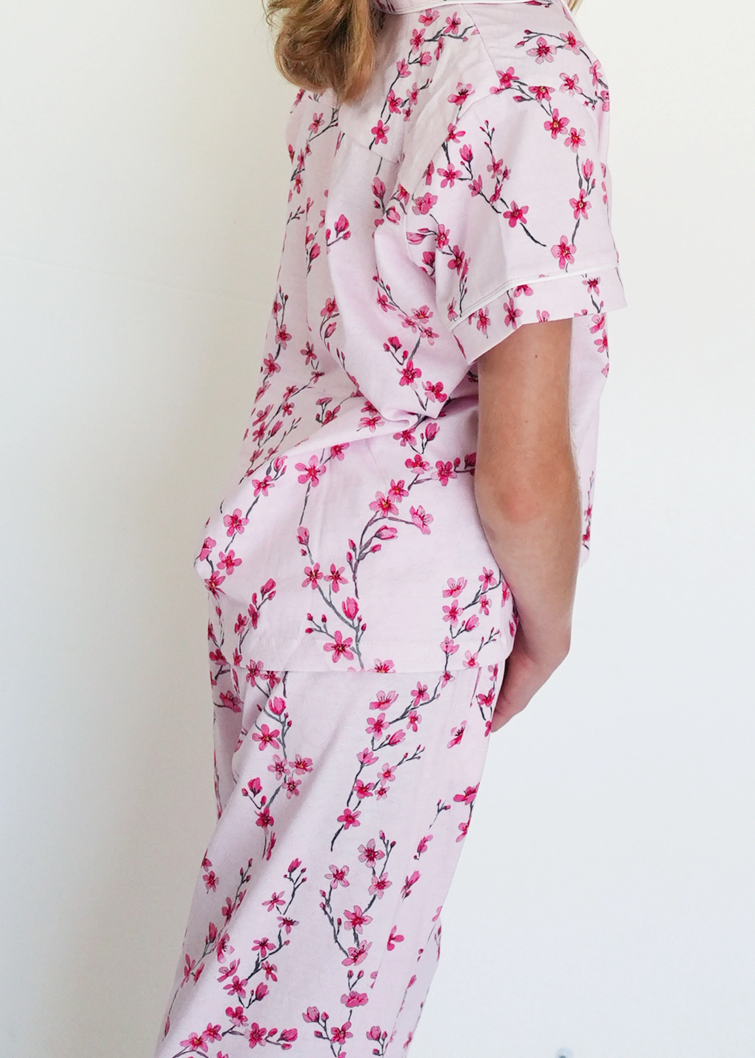 Girls - Cherry Blossom Jersey Knit Cotton Short Top / Long Pants PJ Set - Image 3