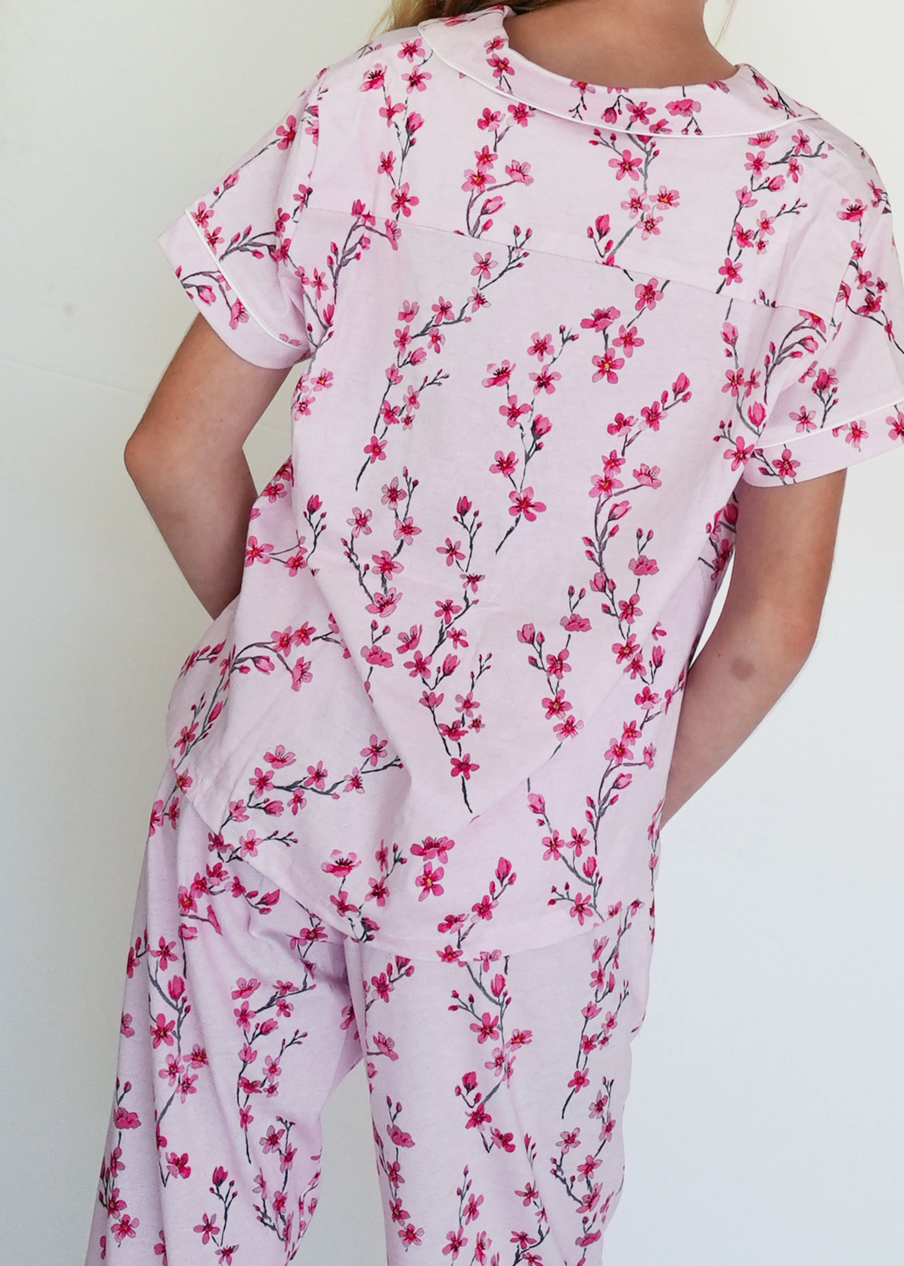 Girls - Cherry Blossom Jersey Knit Cotton Short Top / Long Pants PJ Set - Image 4
