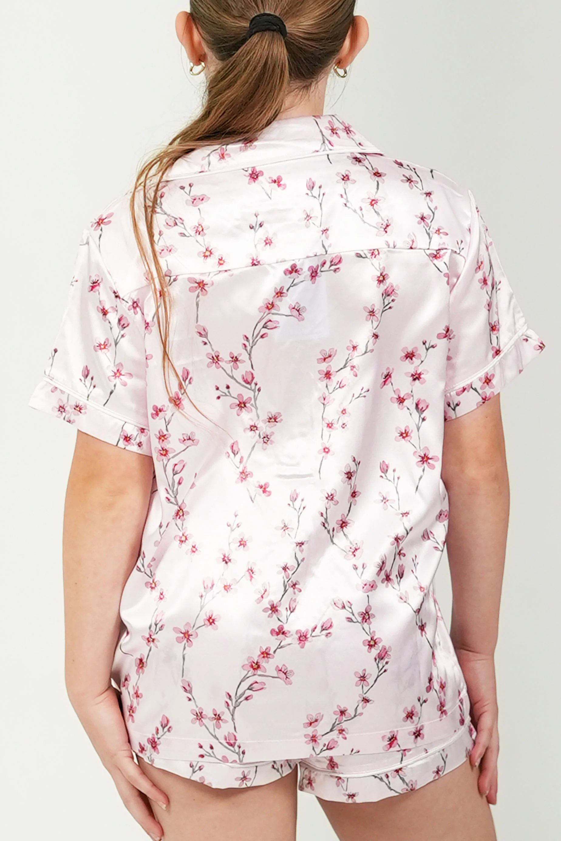 Girls Cherry Blossom Satin Short Pajama Set - Image 3
