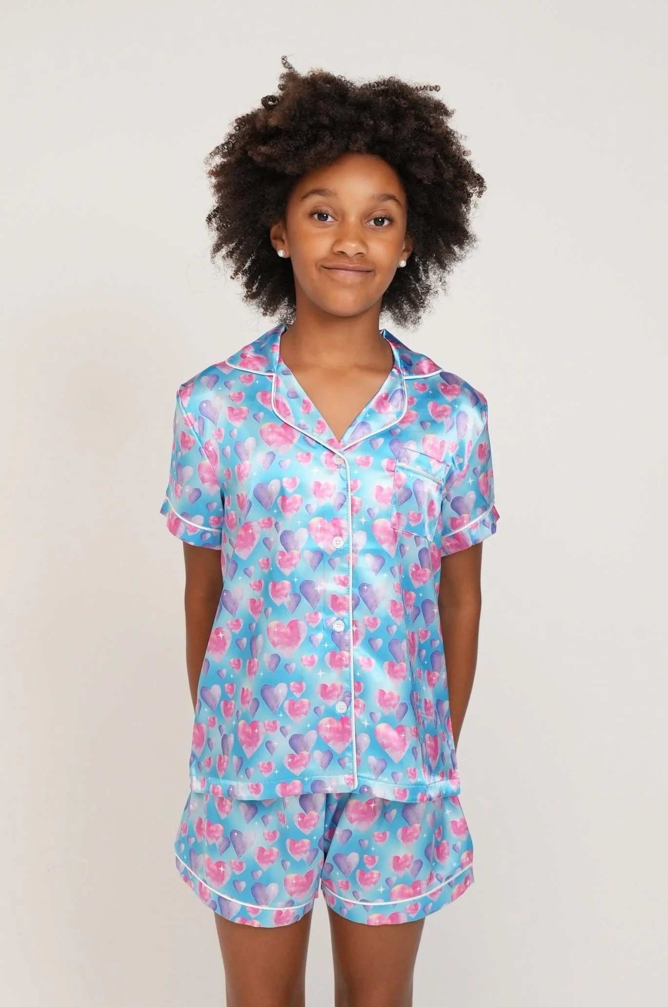 Girls - Diamond Hearts Blue Satin Short PJ Set
