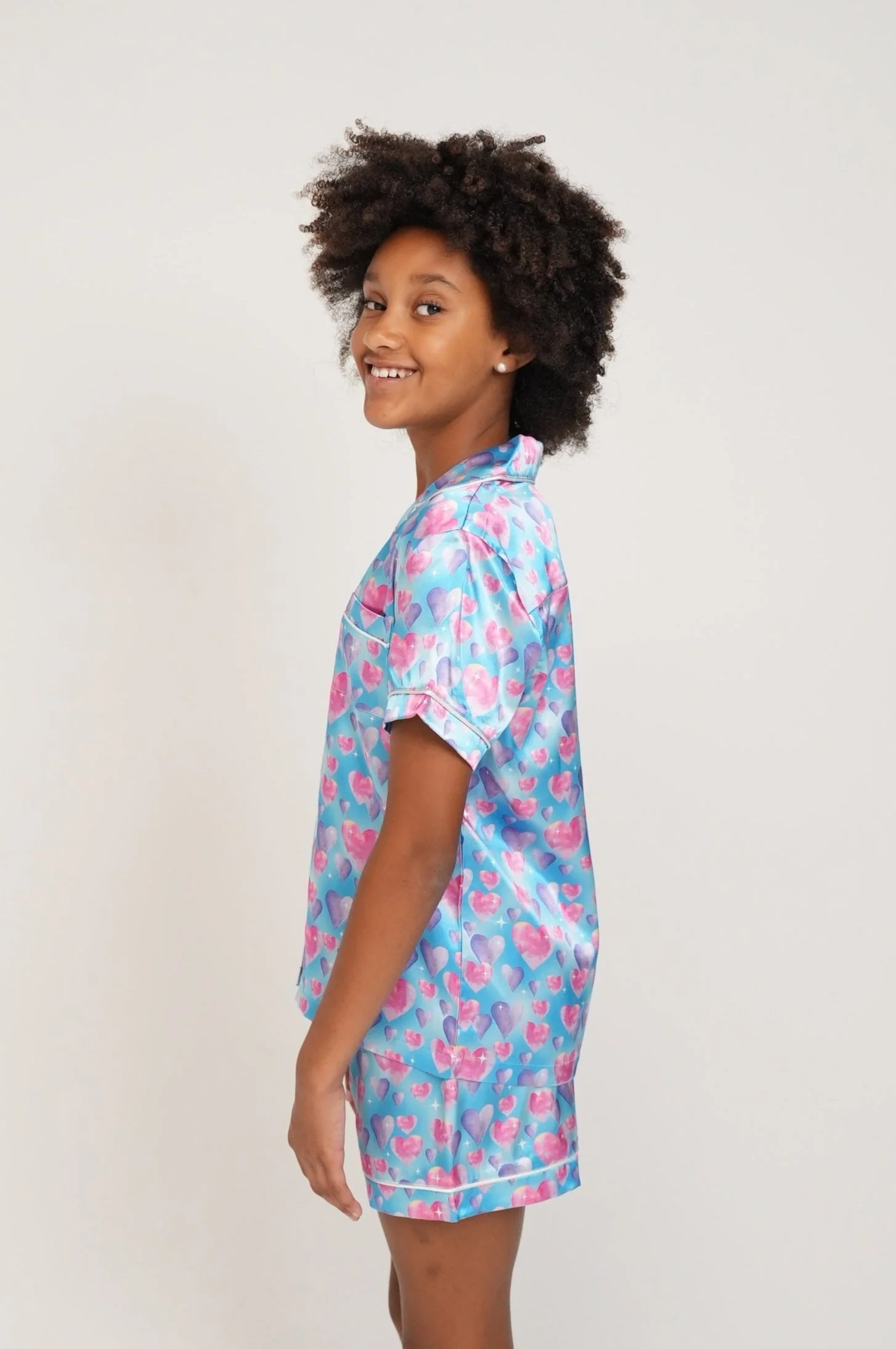 Girls - Diamond Hearts Blue Satin Short PJ Set - Image 2
