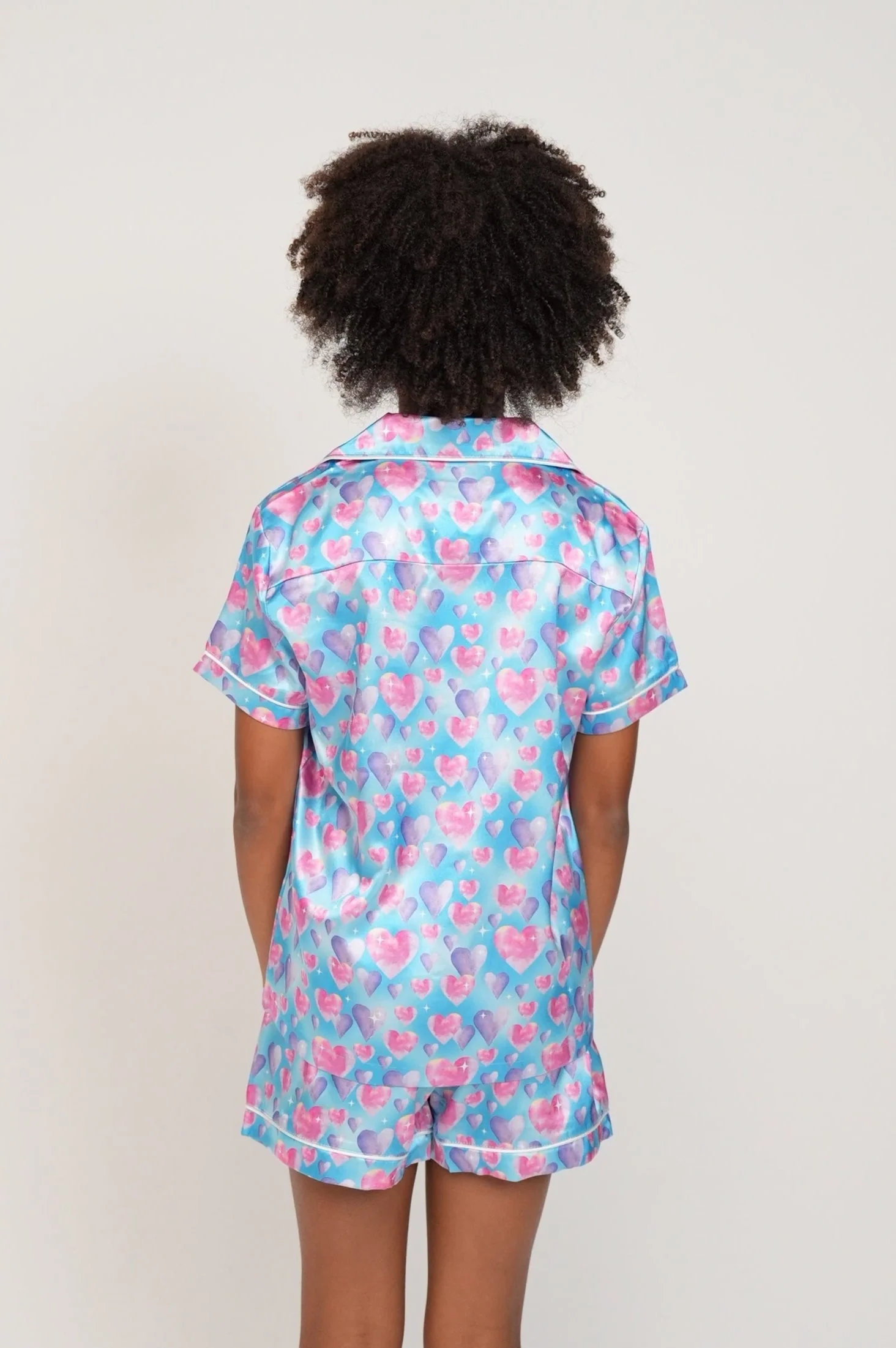 Girls - Diamond Hearts Blue Satin Short PJ Set - Image 3