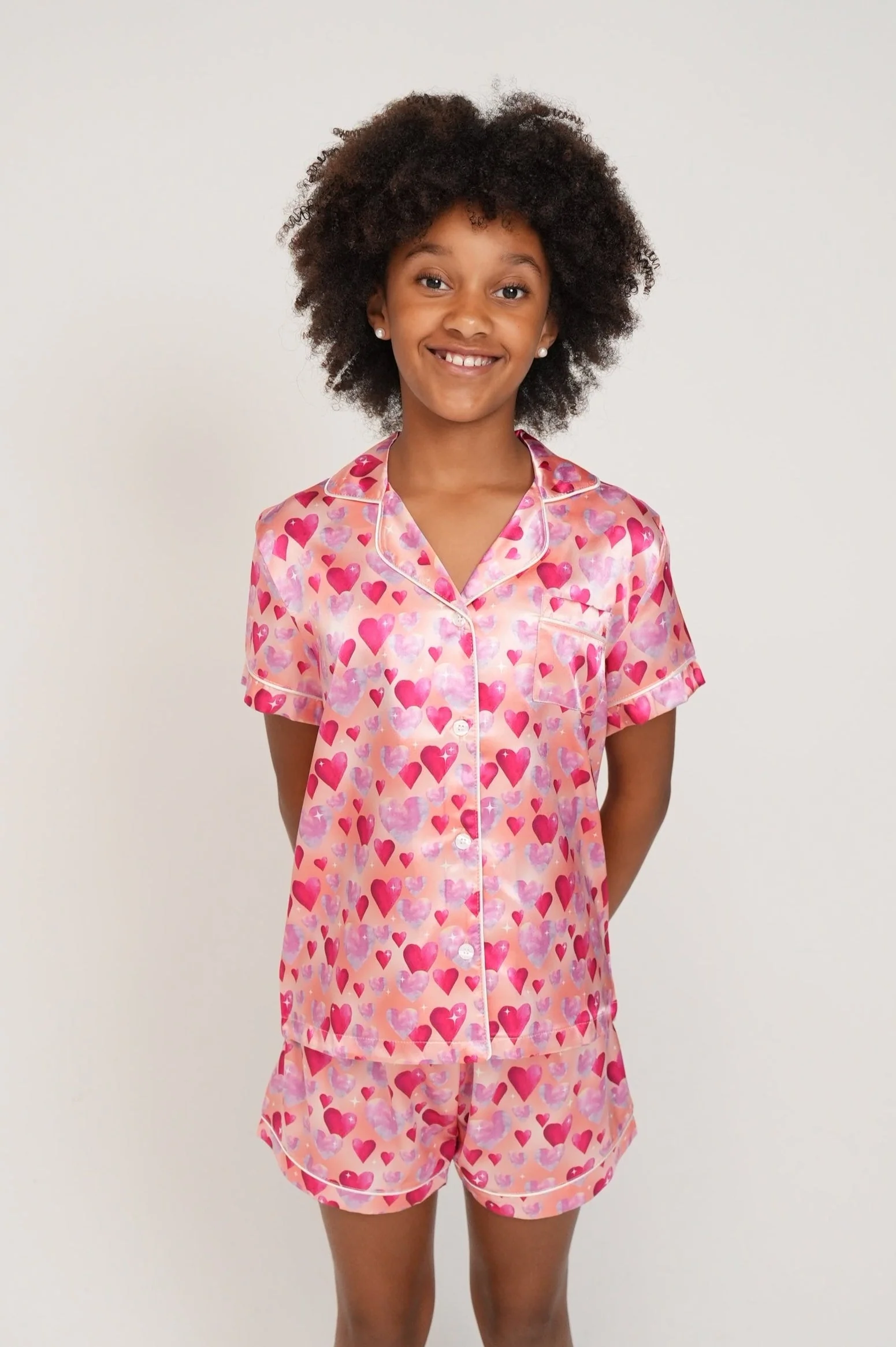 Girls - Diamond Hearts Orange Satin Short PJ Set