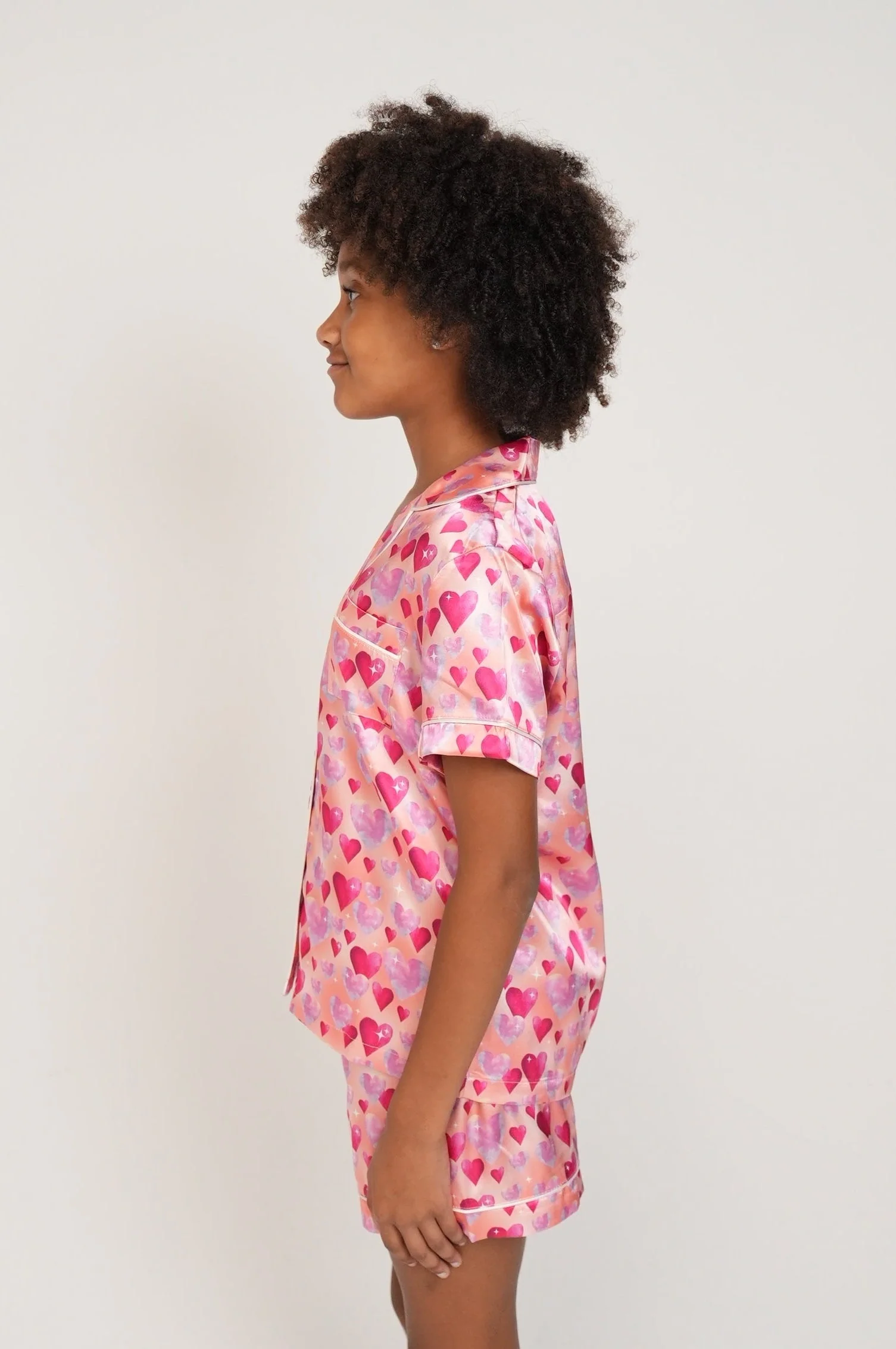Girls - Diamond Hearts Orange Satin Short PJ Set - Image 2