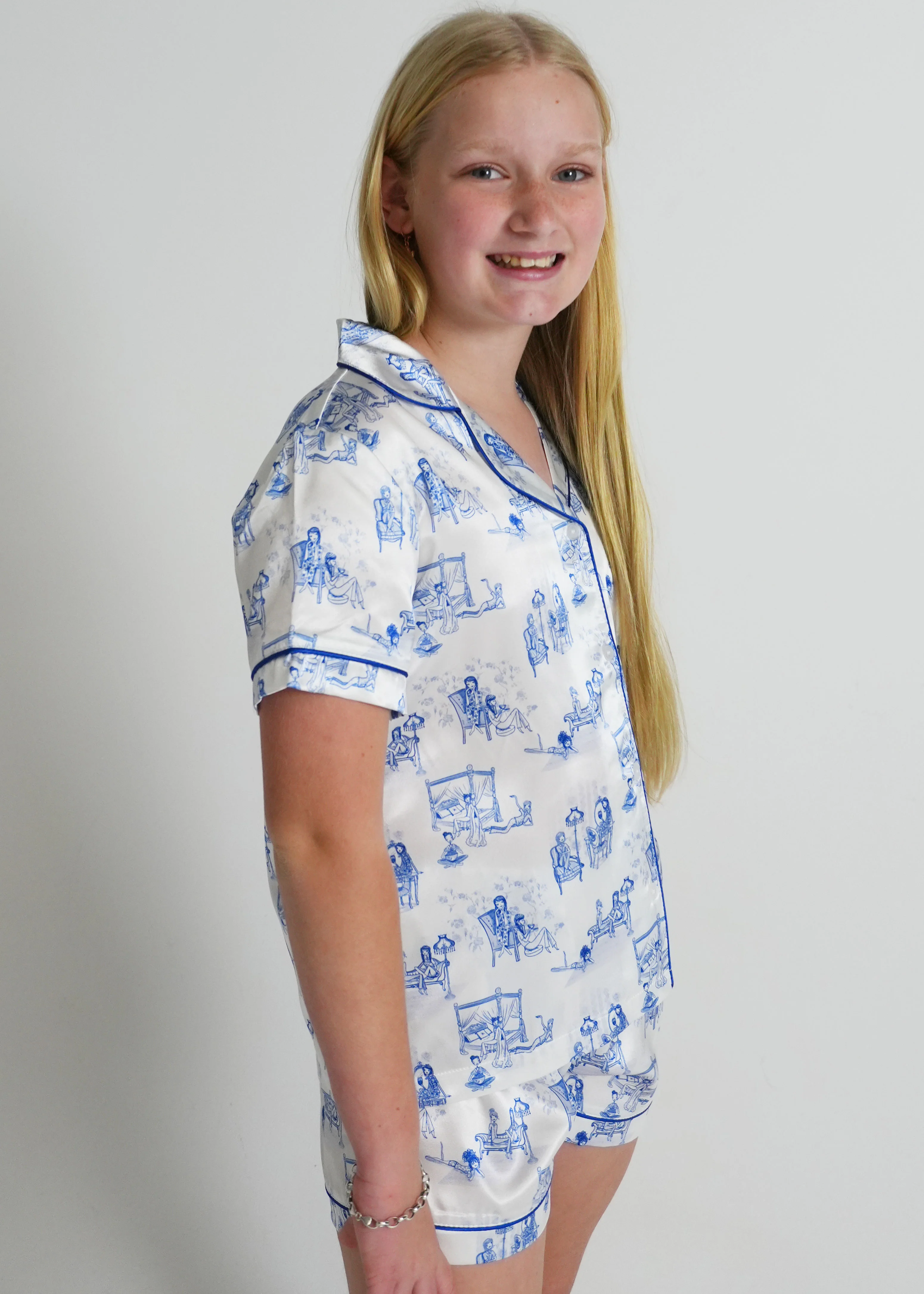 Girls - Dollhouse Blue Satin Short PJ Set - Image 3