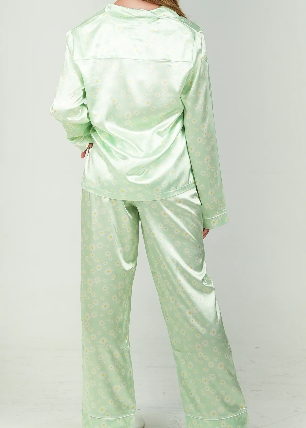 Girls - Green Daisy Satin Long Pajama Set - Image 3