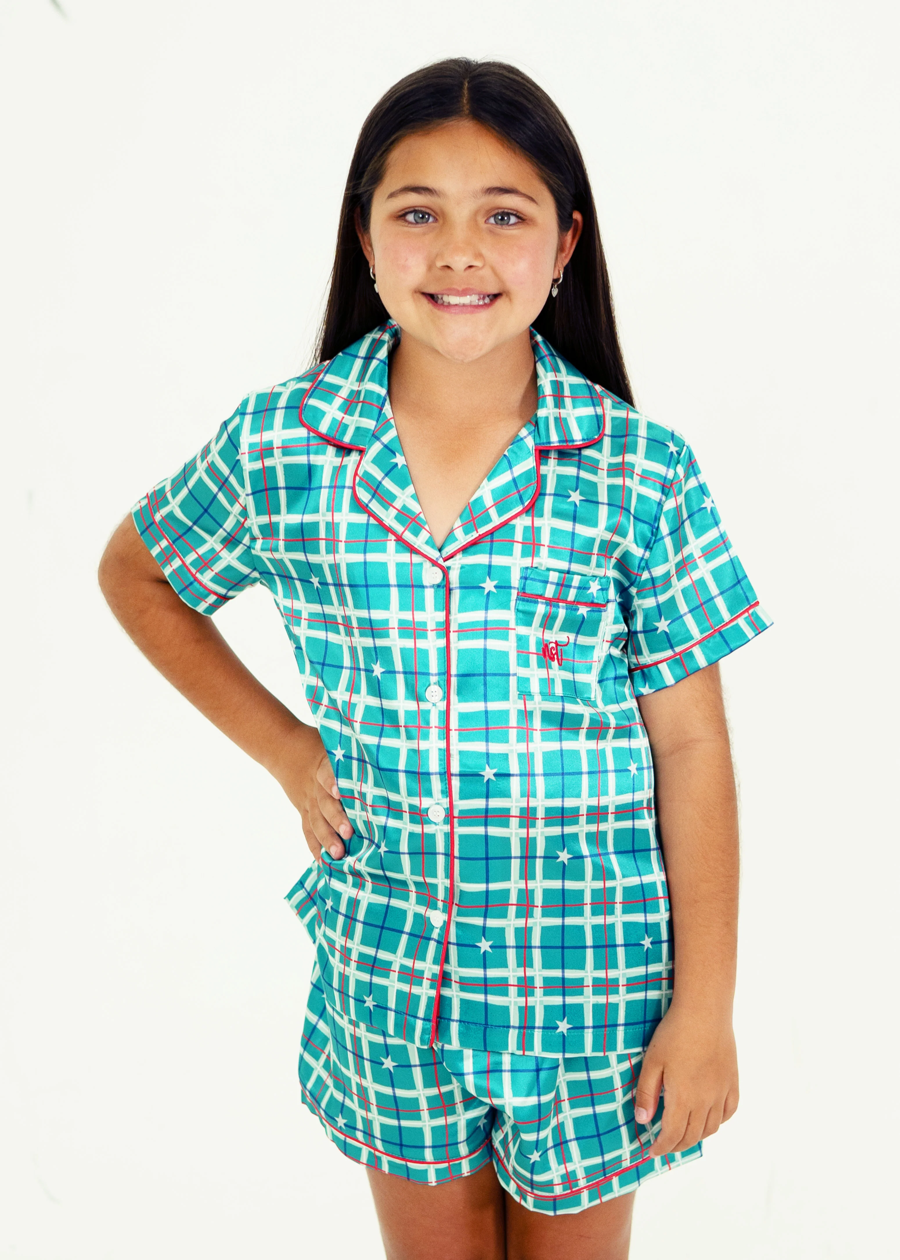 Girls - Green Starry Tartan Satin Short PJ Set