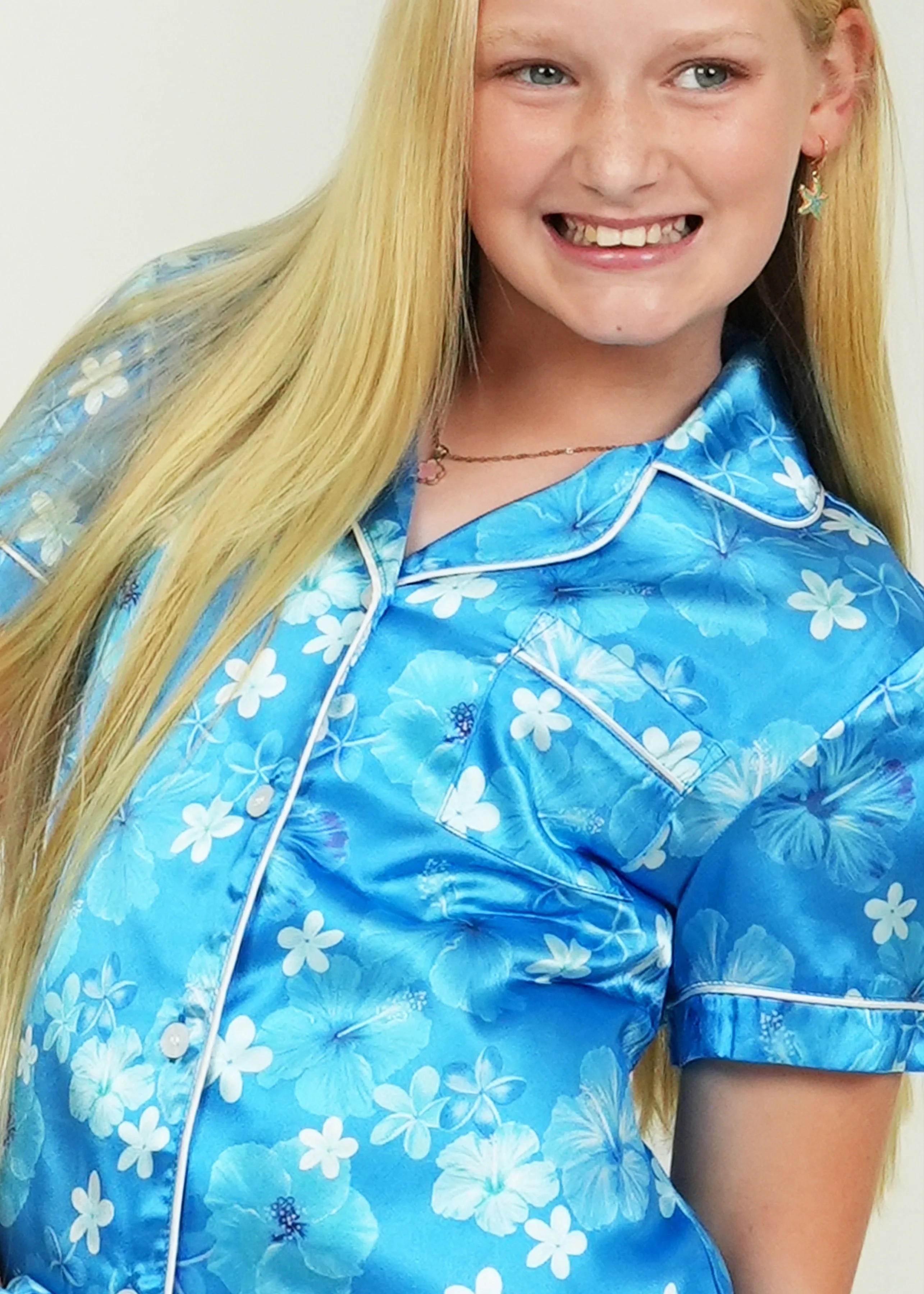 Girls - Hawaiian Daze Blue Satin Short PJ Set - Image 2