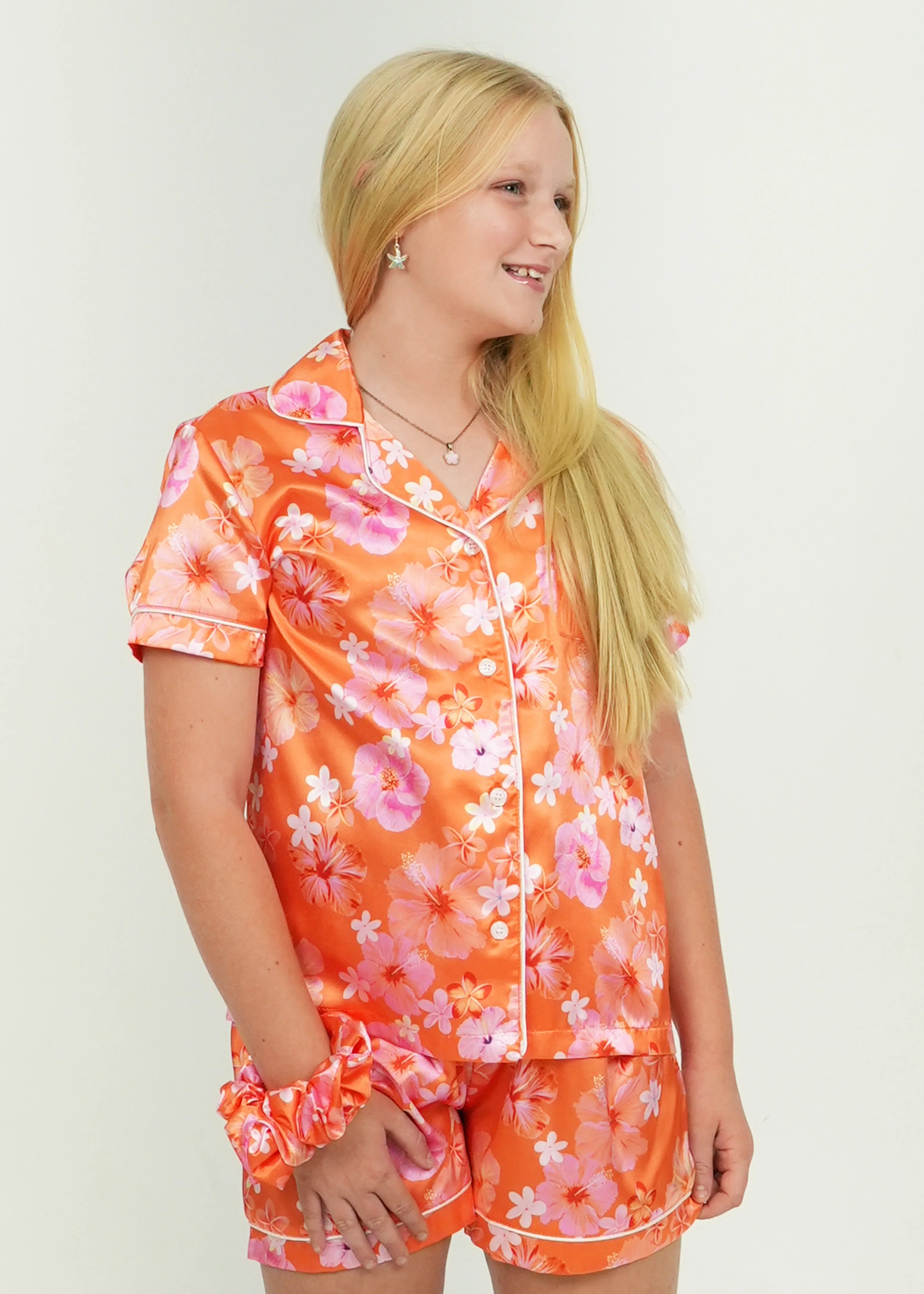 Girls - Hawaiian Daze Orange Satin Short PJ Set