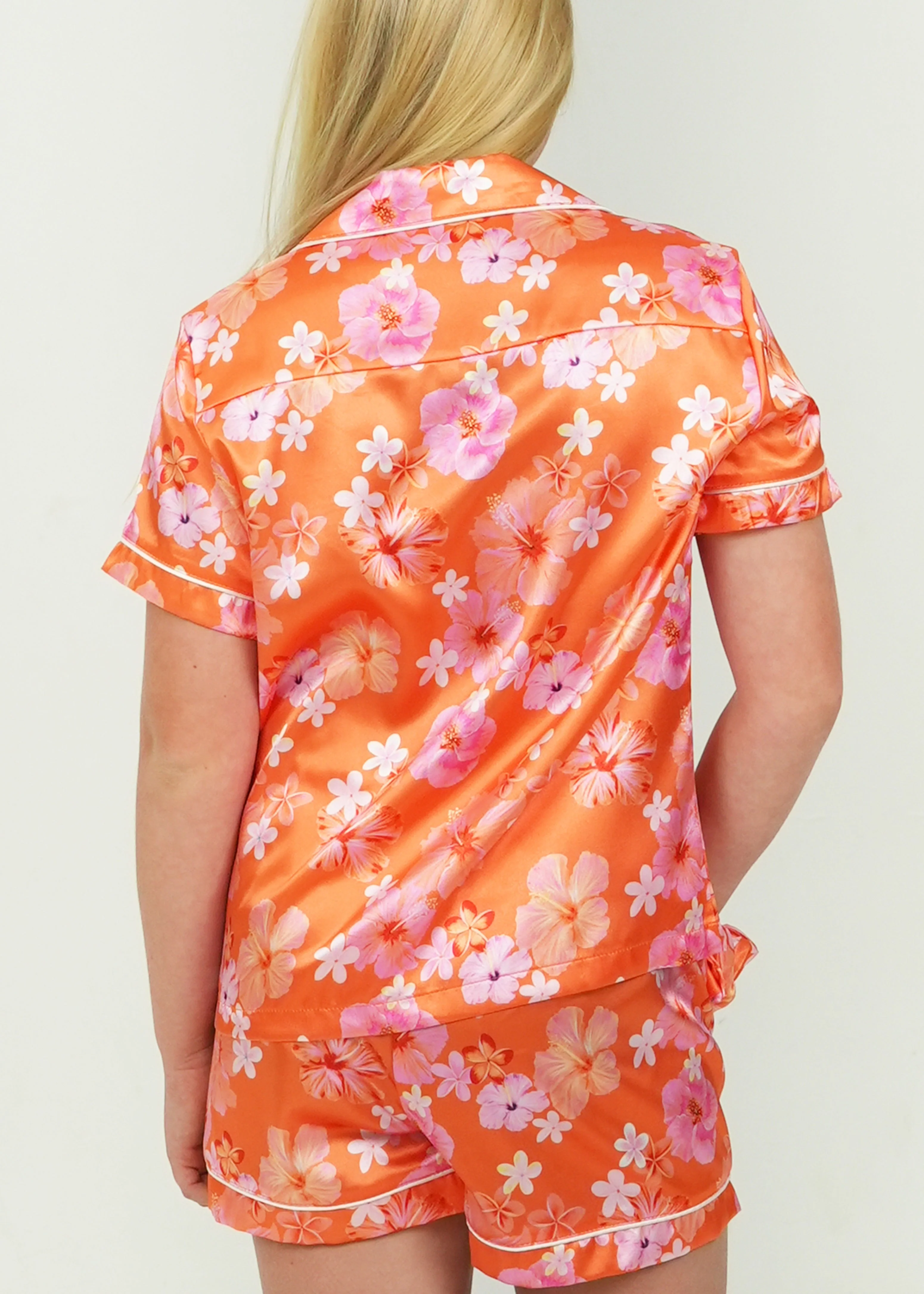 Girls - Hawaiian Daze Orange Satin Short PJ Set - Image 2