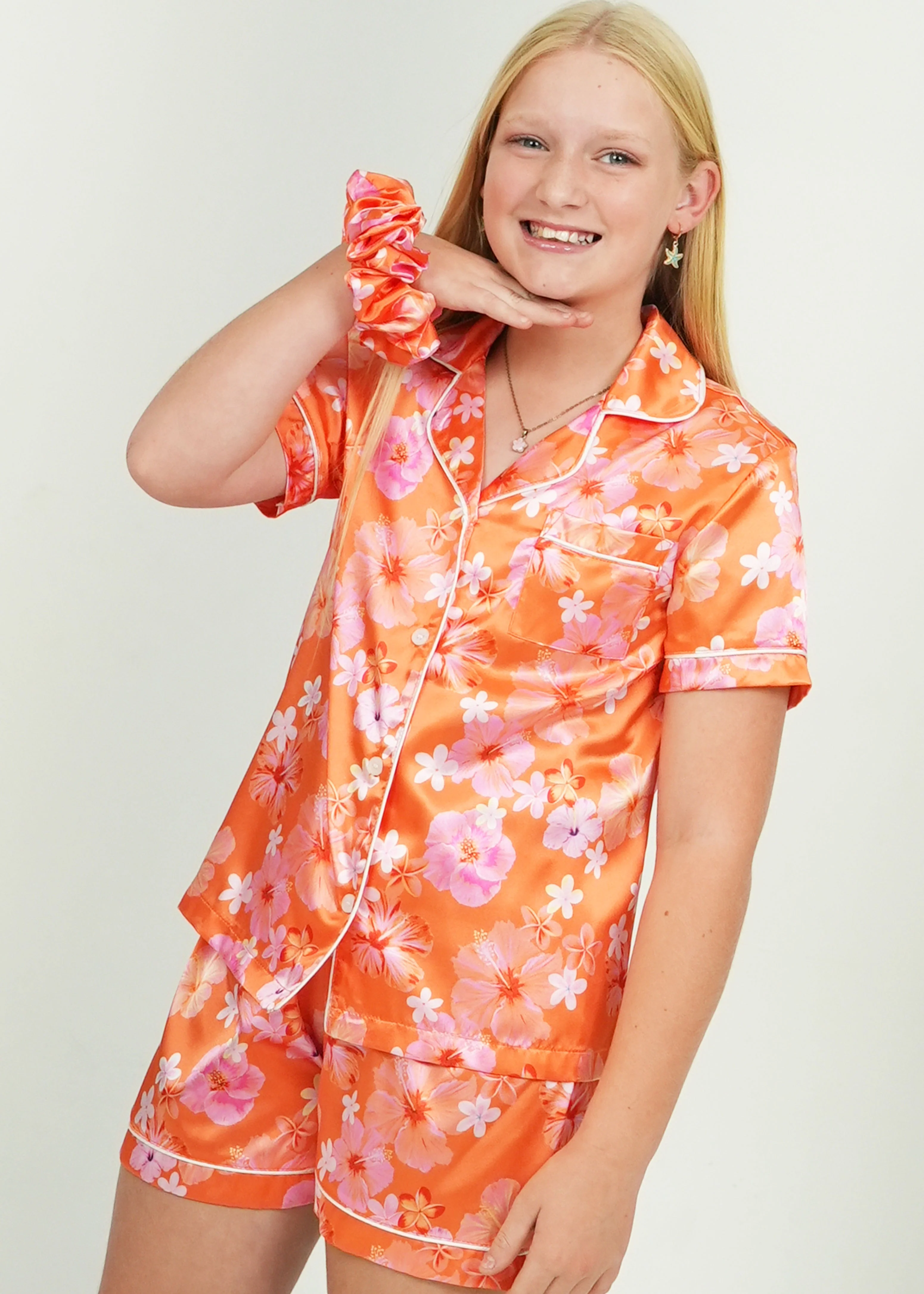 Girls - Hawaiian Daze Orange Satin Short PJ Set - Image 3
