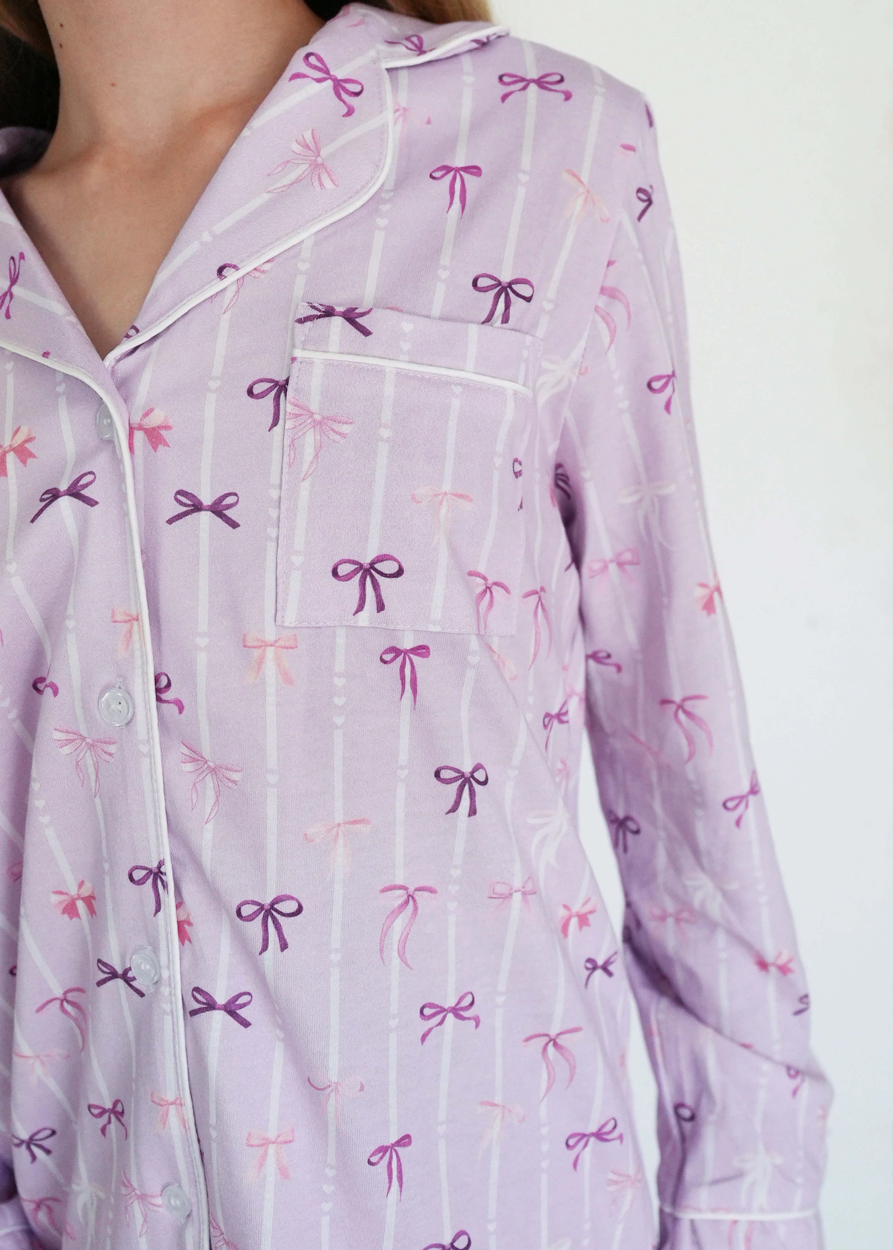 Girls - Lilac Ballet Bows Jersey Knit Cotton Long PJ Set - Image 4